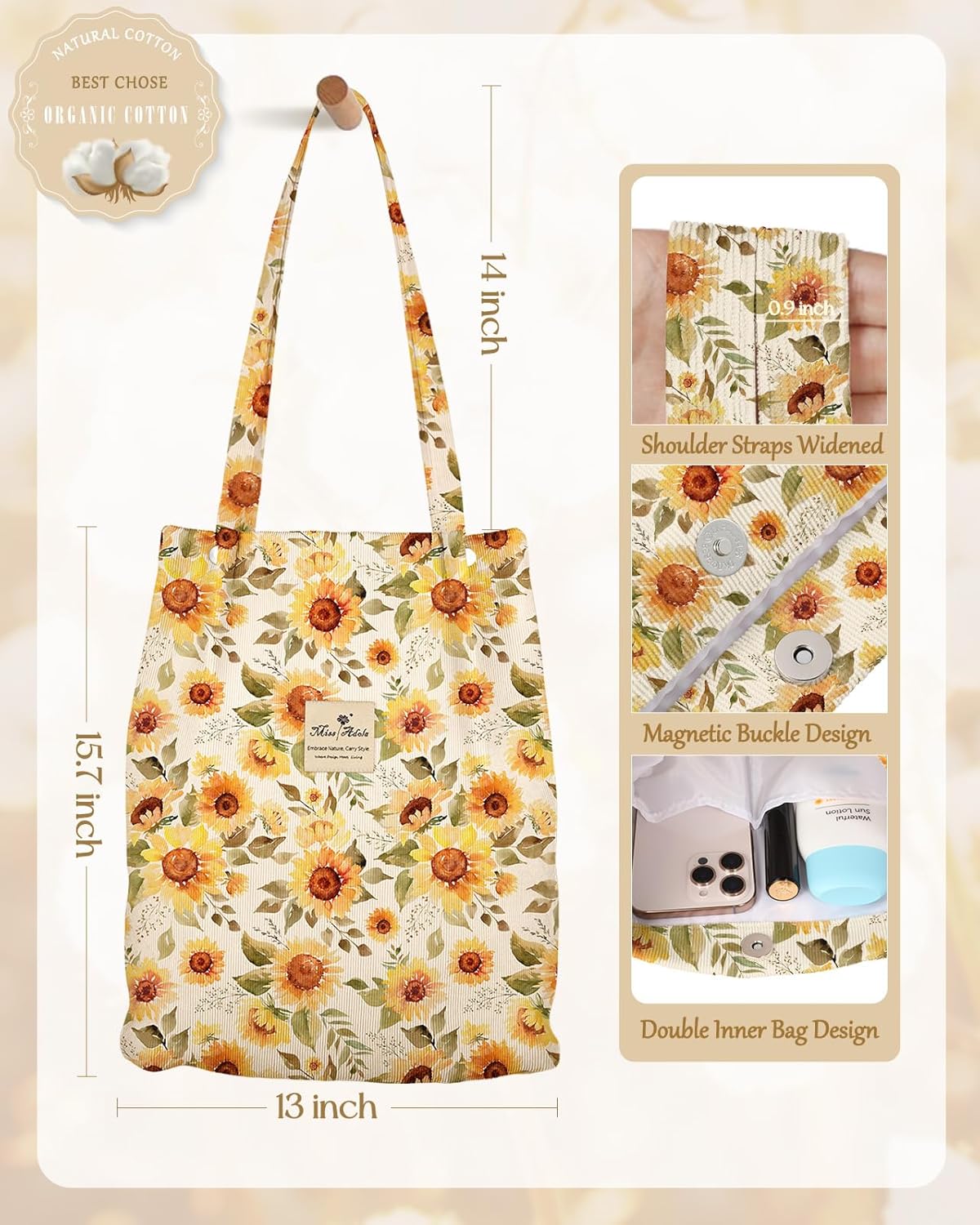 Aesthetic 2 Pack Corduroy Tote Bag - with Makeup Pouch Bag for Women Reusable Grocery Bag for Gym, Travel, Work - Image 3