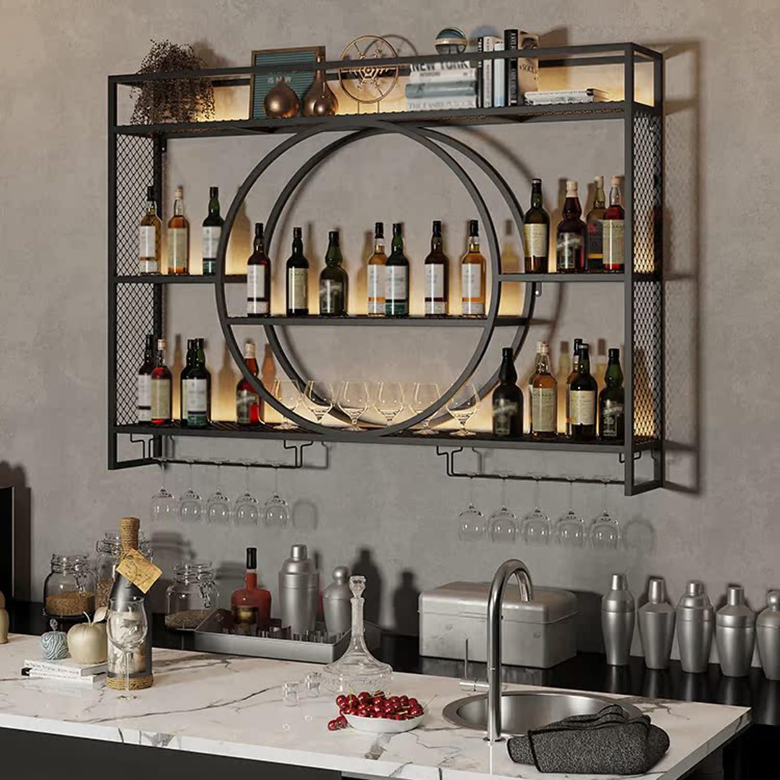 Support à verres à pied suspendu et casier à vin en métal pour un rangement mural