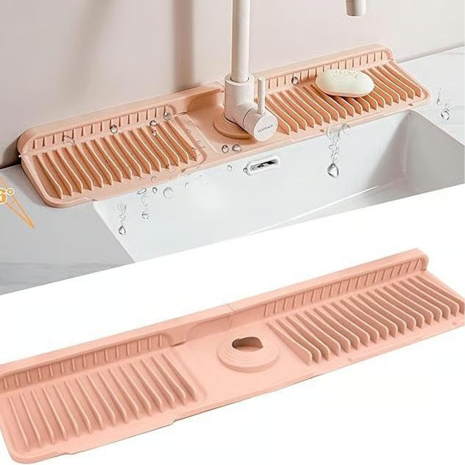 Kitchen Sink Faucet Mat, Silicone Folding Splash Guard, Thickened Faucet Mat for Kitchen Sink, Multi-Purpose Splash Guard & Drying Pad with Adjustable Holes & Snap Lock (Pink,45*14*2.1cm)