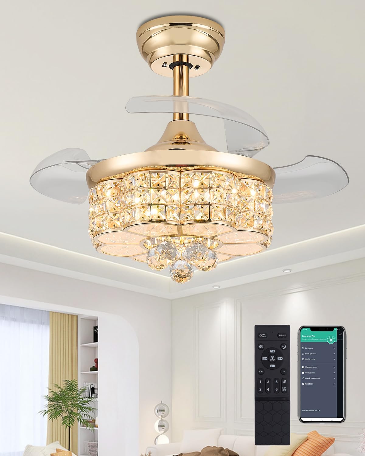 30" Crystal Chandelier Ceiling Fan, Dimmable Retractable Ceiling Fan with Lights, Crystal Fandeliers with Lights and Remote for Bedroom Living Room, Gold Gold 30G