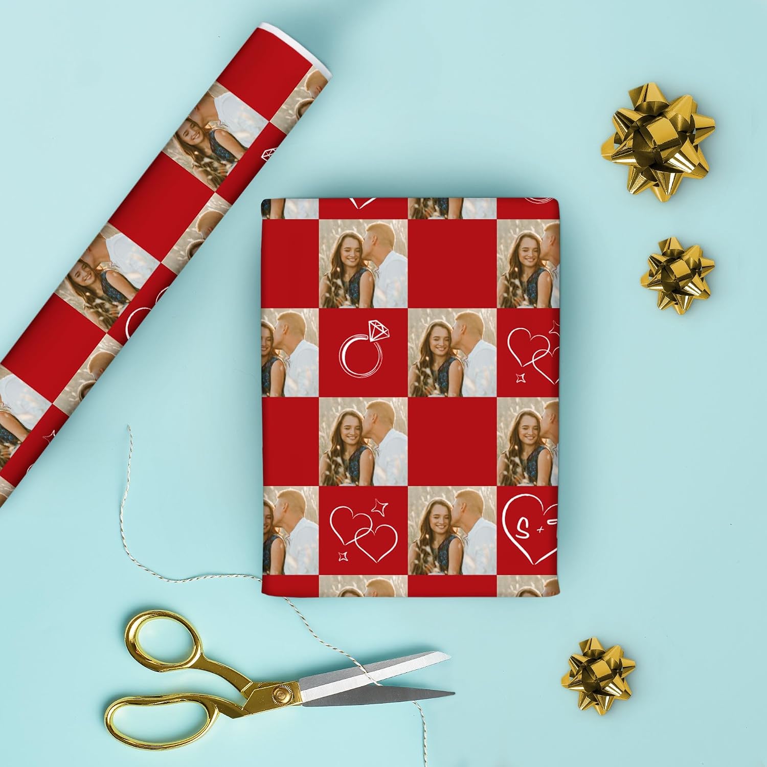 Big Dot of Happiness Custom Photo Cherry Red Wedding Hearts Wrapping Paper, Engagement and Anniversary Party Gift Wrap, Personalized with Couple's Initials, 24 in x 7 feet, 1 Roll