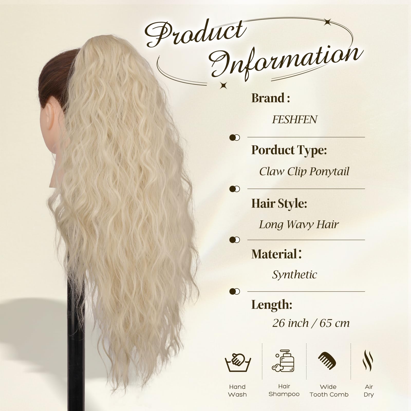 FESHFEN Coleta Postiza Pelo Natural 65 cm Rubio Platino Ondulado Rizado con Pinza