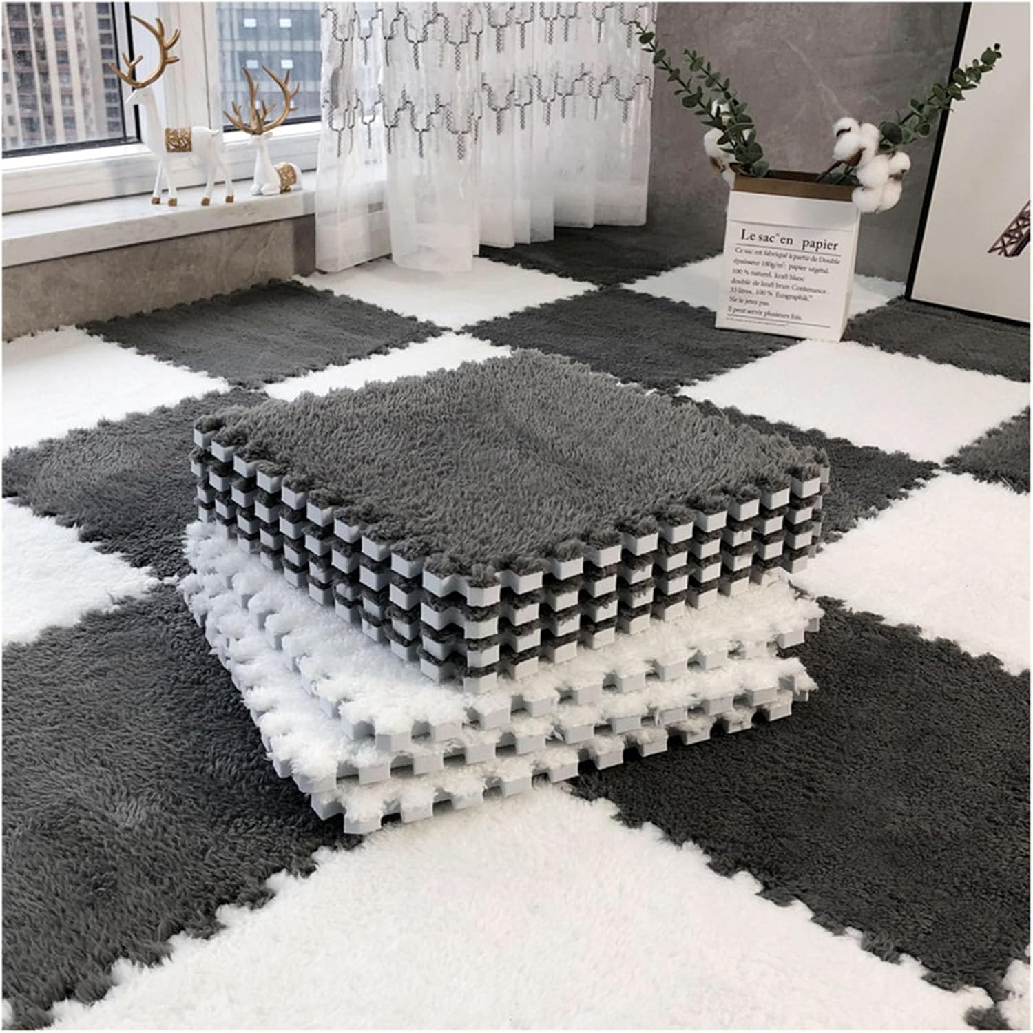 LoiYtrd 20Pcs Interlocking Foam Mats 30x30cm Plush Puzzle Carpet Rugs Play Mat(Gray+White)