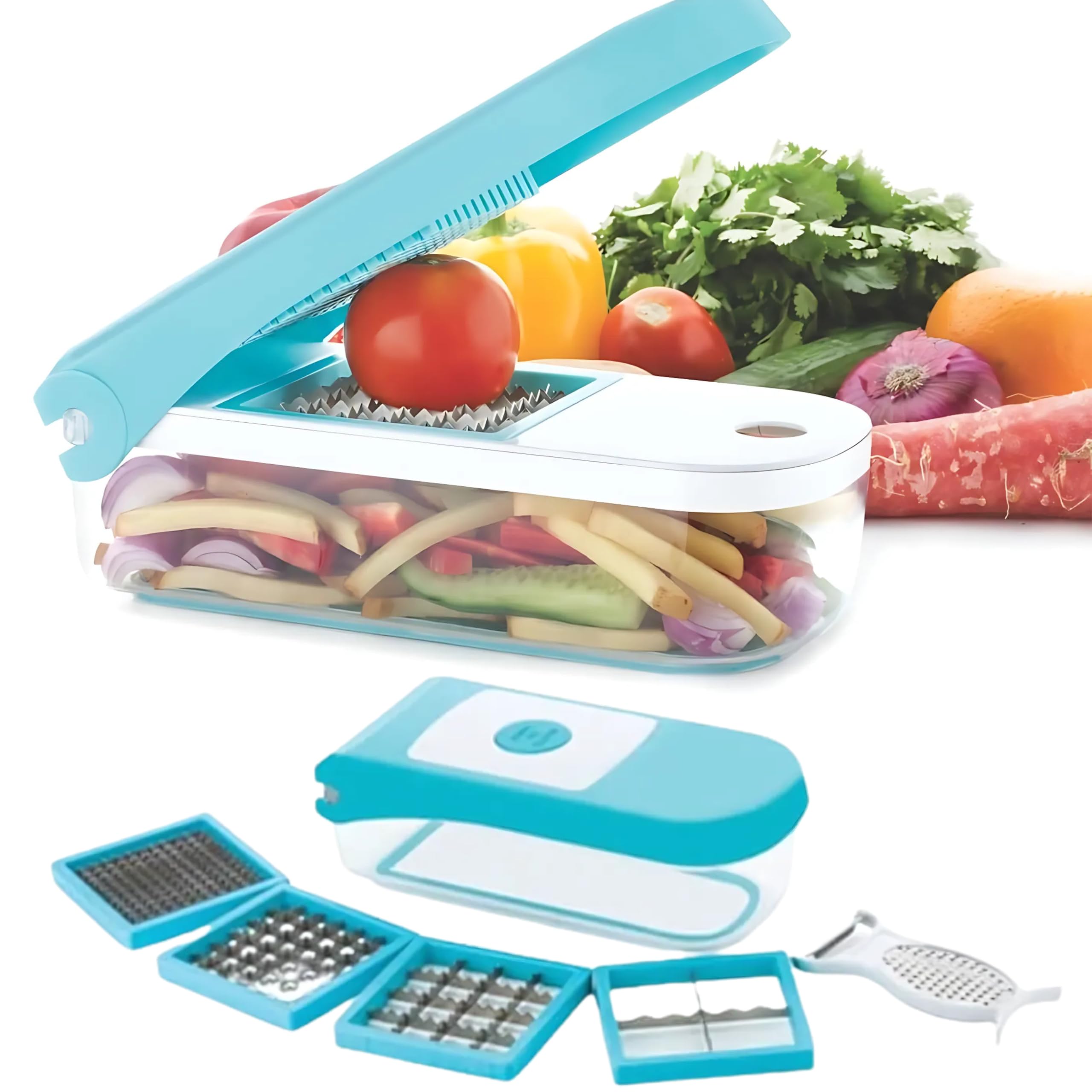 Drumstone (𝟖 𝗬𝗲𝗮𝗿𝘀 Warranty) 7-in-1 Unbreakable Vegetable Dicer and Chopper Set Big Box Design with Cutter, Grater,Peeler, Chipser,& Dicer |Multipurpose Fruit & Vegetable Chopper with Container-image-18