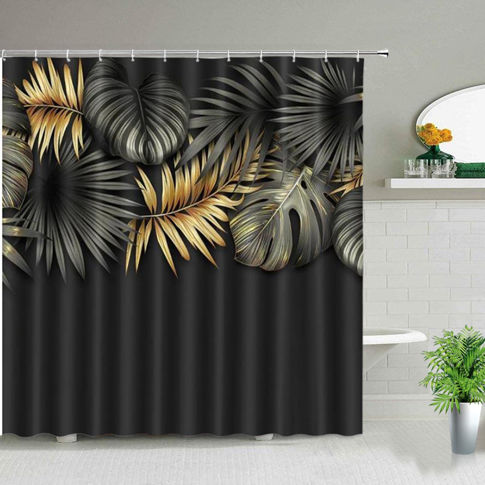 Cinbloo Tenda da doccia verde/nero/oro, 152,4 x 183 cm (larghezza x altezza), decorazione per il bagno tropicale astratta e moderna, con foglie di