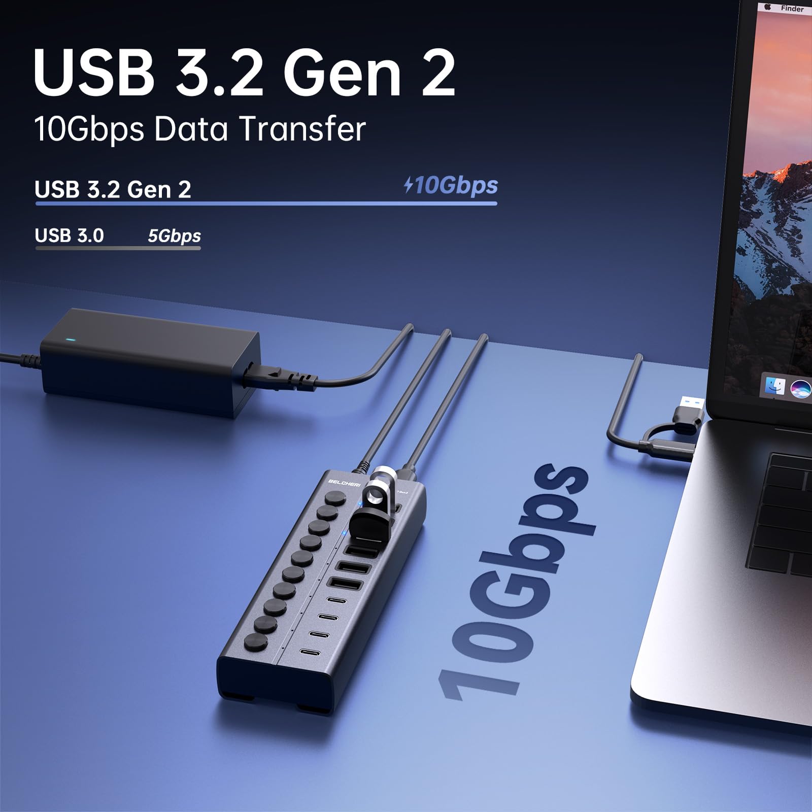 USB Hub mit Netzteil, 10-Port USB 3.2 Gen 2 10Gbit/s Aktiv Hub, Vollaluminium mit 60W (12V 5A) Powered, 6 USB-A & 4 USB-C Ports, Unterstützt BC1.2 Schnellladung