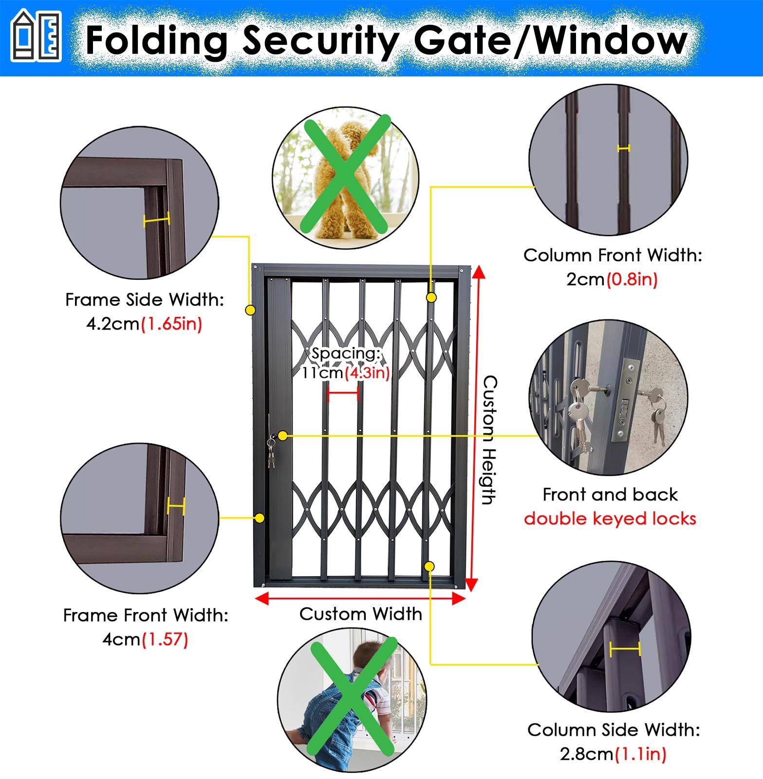 Barras de ventana al aire libre, ventanas corredizas plegables horizontales para loft, cobertizo, hogar, protección de seguridad para puertas, seguridad para perros y niños (39.4 x 23.6 pulgadas, 100