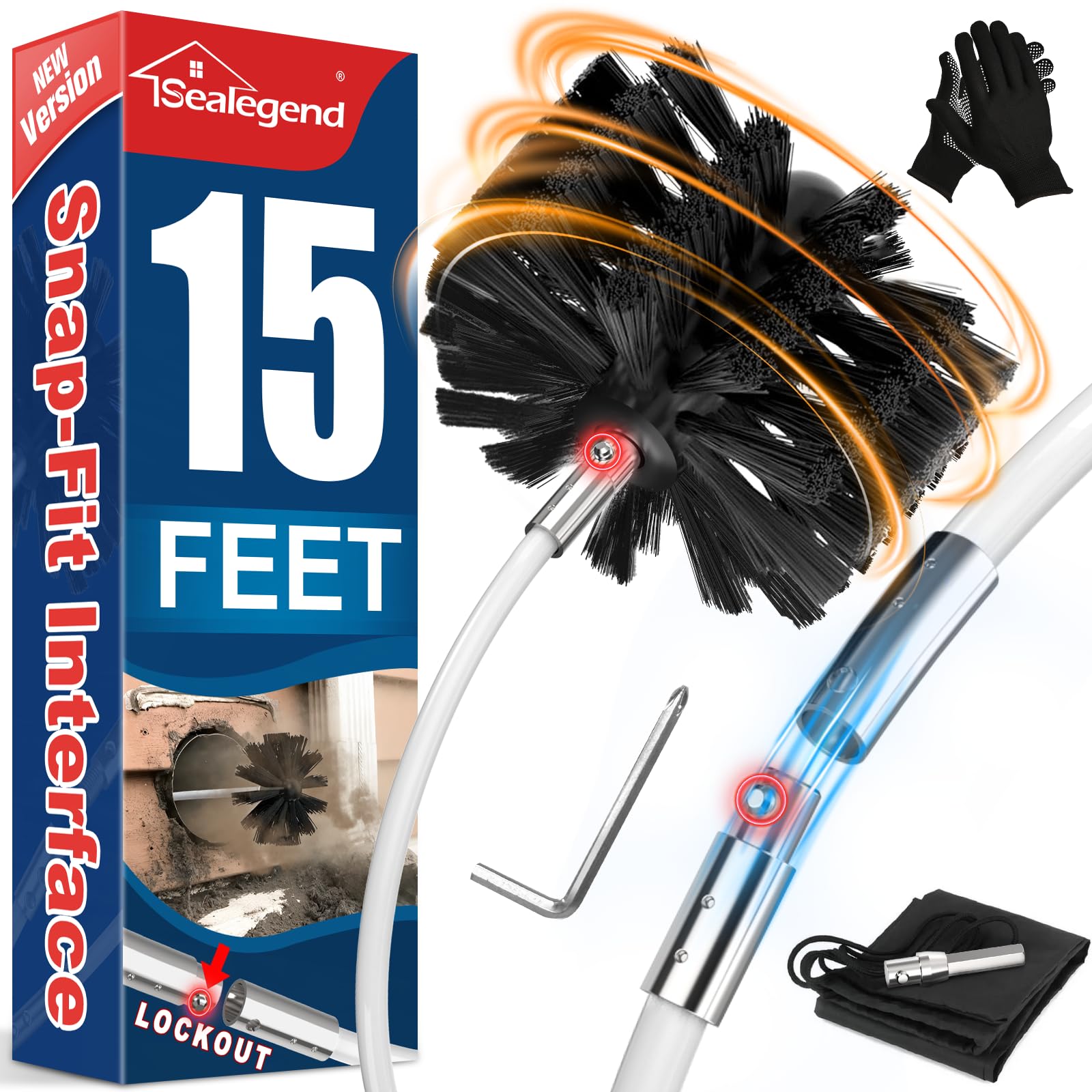 Sealegend 15 Feet Dryer Vent Cleaner Kit/Lint Remover/Upgraded Flexible Quick-Snap Brush with Drill Attachment/Fireplace Chimney Brushes for Easy to Clean/Cleaning Tool Use with or Without Power Drill