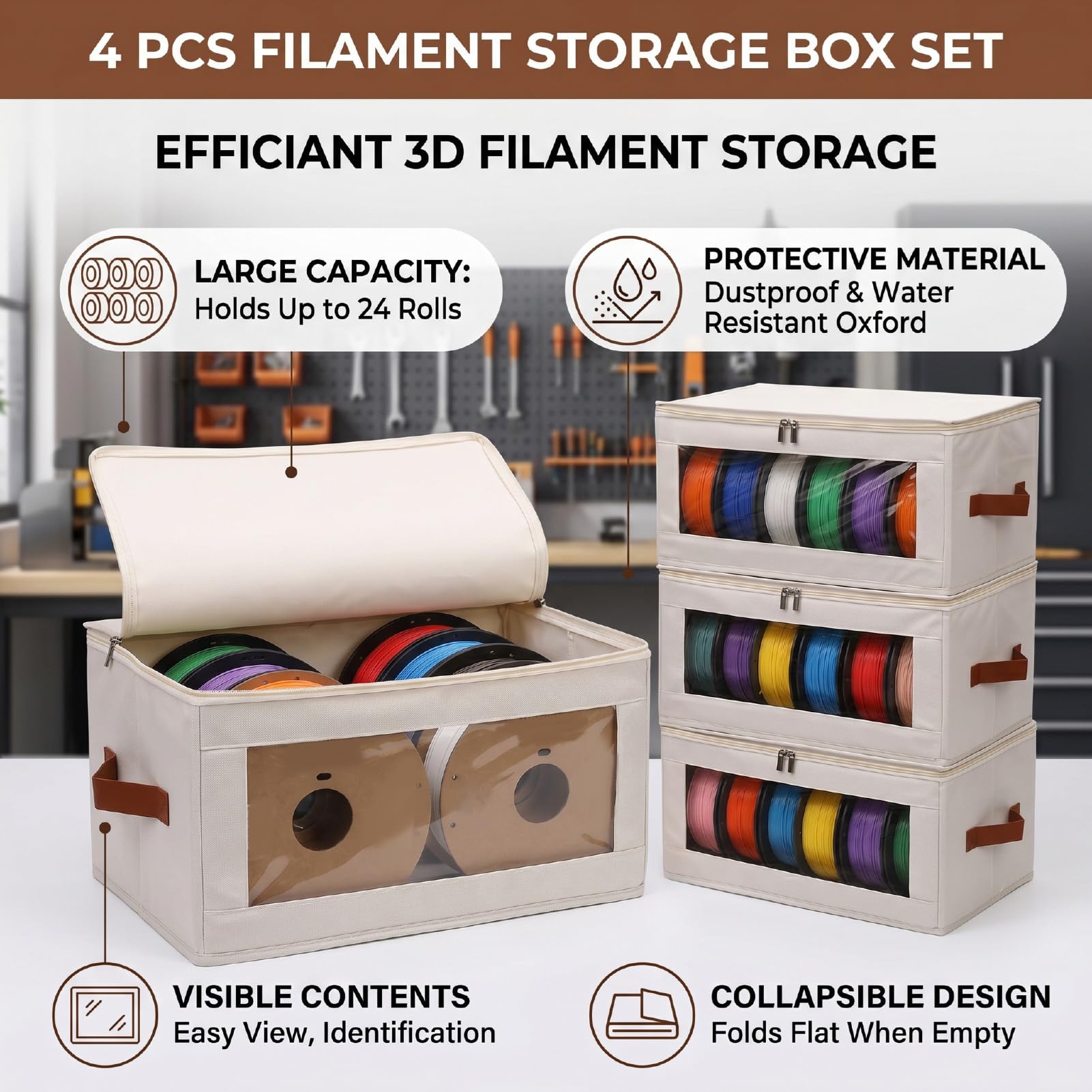 Filament-Aufbewahrungsbox, 4er-Pack, Faltbar, Wasserdicht, Transparent, 3D-Drucker-Filament-Trockenbox, Fasst Bis zu 24 Rollen, Druckzubehör-Halterregal für Zuhause, Büro (Beige)