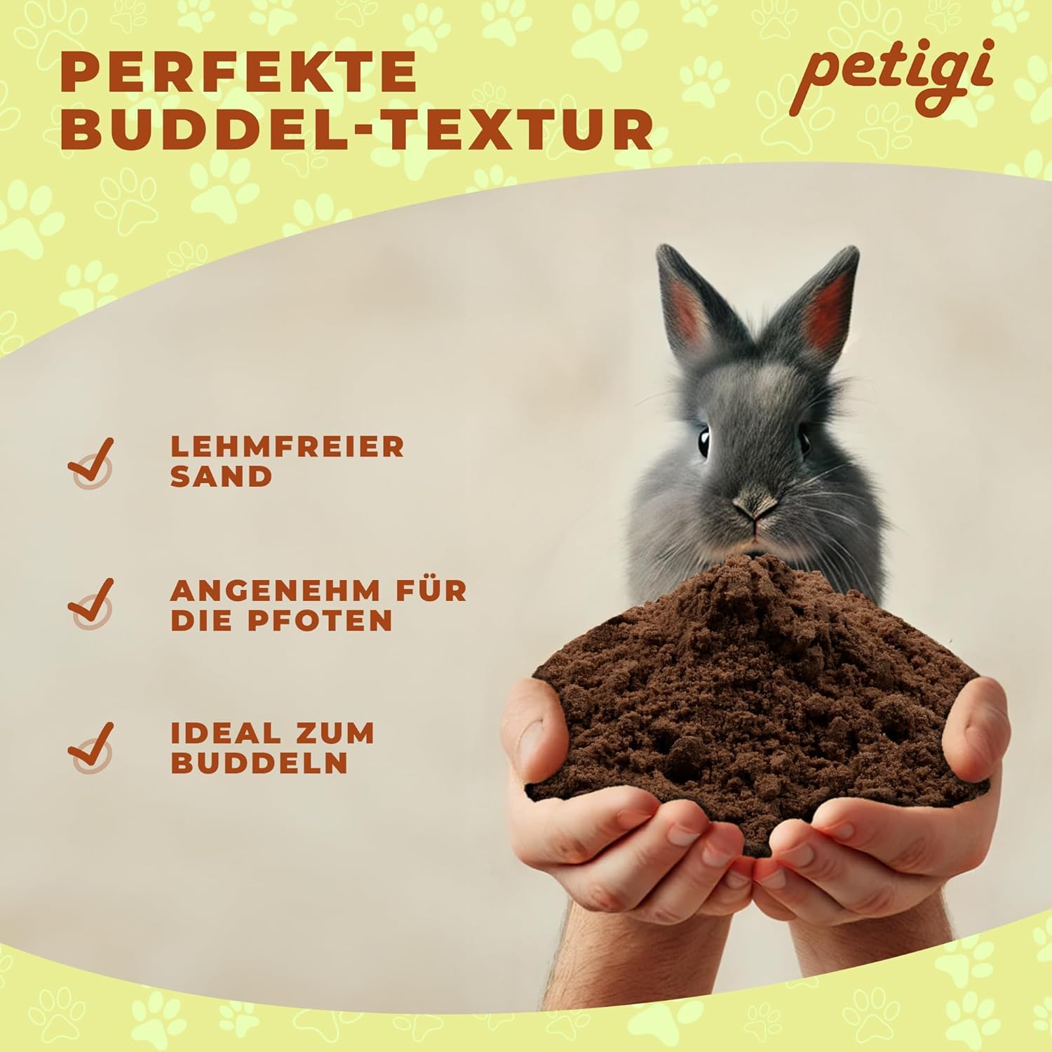 Petigi Arena para escarbar para conejos, 25 kg, para cajas de arena de conejos, liebres, chinchillas, adecuada para patas sensibles, libre de aditivos químicos y contaminantes, sin arcilla