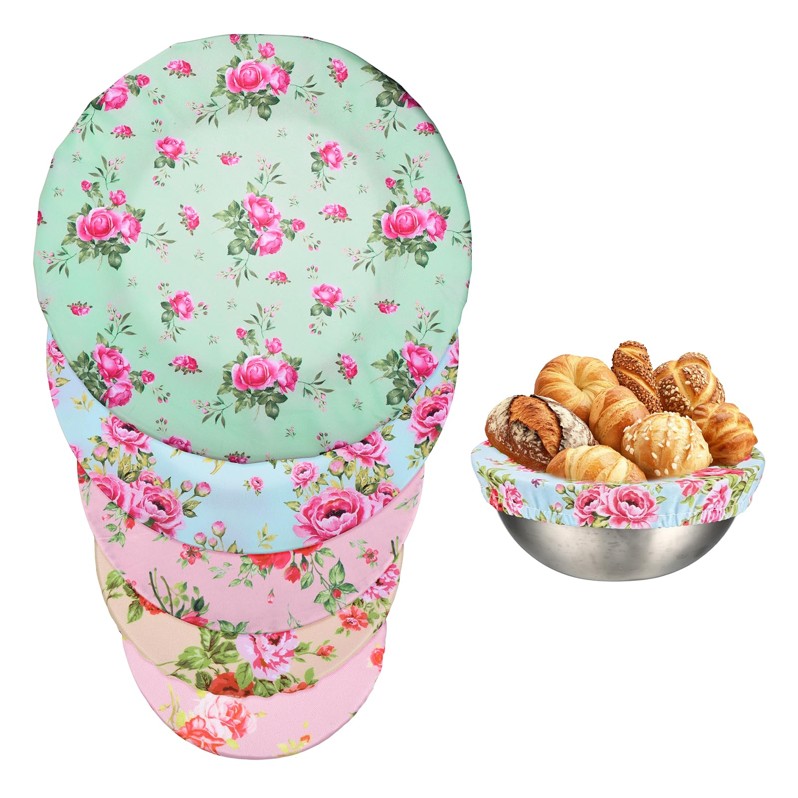 sourcing map 5 Pack Reusable Bowl Covers, Food Storage Bowl Covers in 5 Sizes Stretch Cloth Fabric Bread Sourdough Lids for Proofing Food Fruits Leftover, Large Floral Color