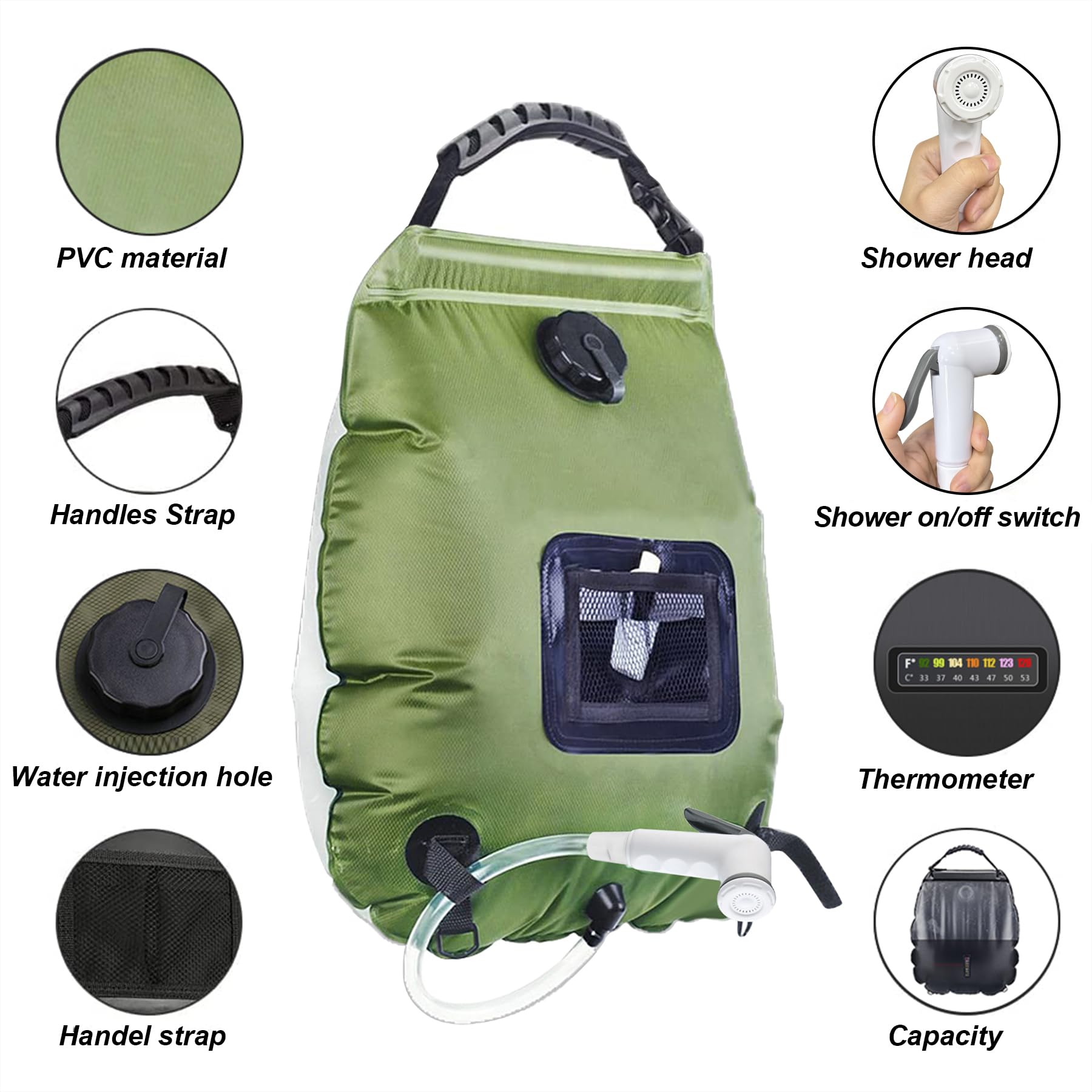 Sac de Douche Solaire Camping,20L Douche de Voyage avec Pomme de Douche,Solaire Sac de Douche,Pliant Extérieur pour Douche,Température 45 °C avec Commutable Tête de Douche,pour Randonnée Escalade