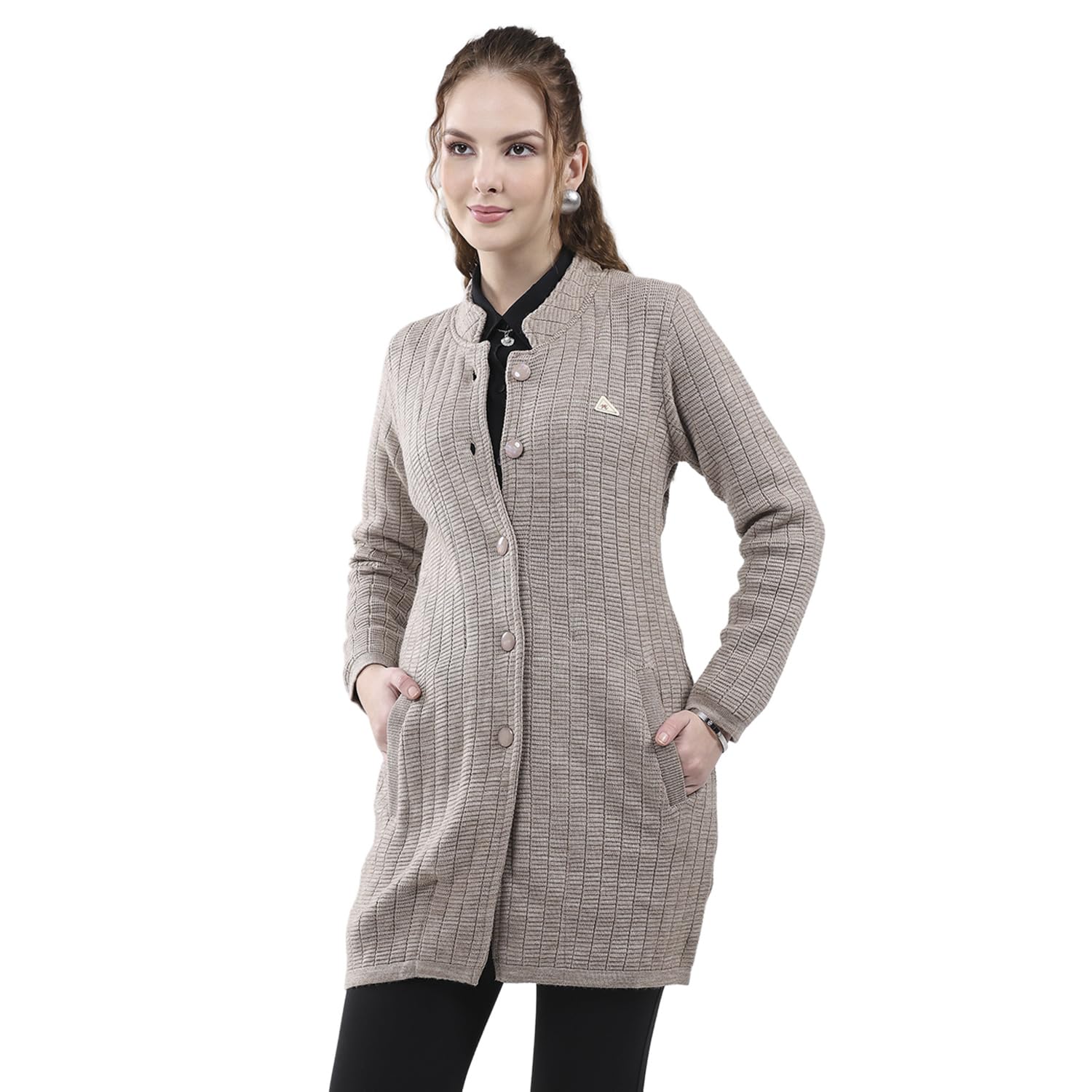 monte carlo Women's Regular Fit Knitted Coat | Self Design Pattern | Button Closure with Full Sleeves Round Neck Knitted Winter Coat for Womens-picture-19
