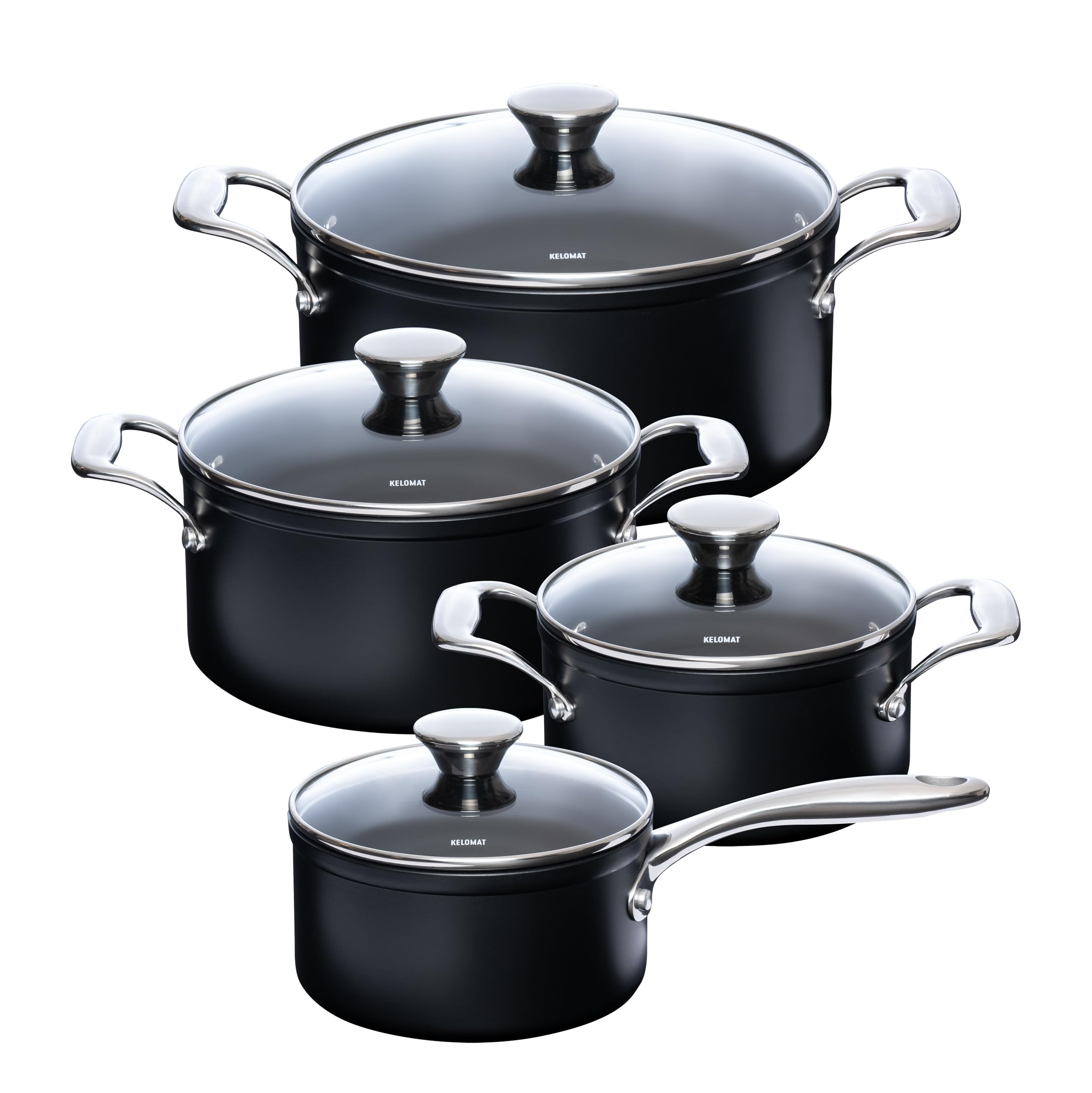 Batterie de cuisine Kelomat 1921-333 avec 4 casseroles revêtement céramique et couvercles en verre