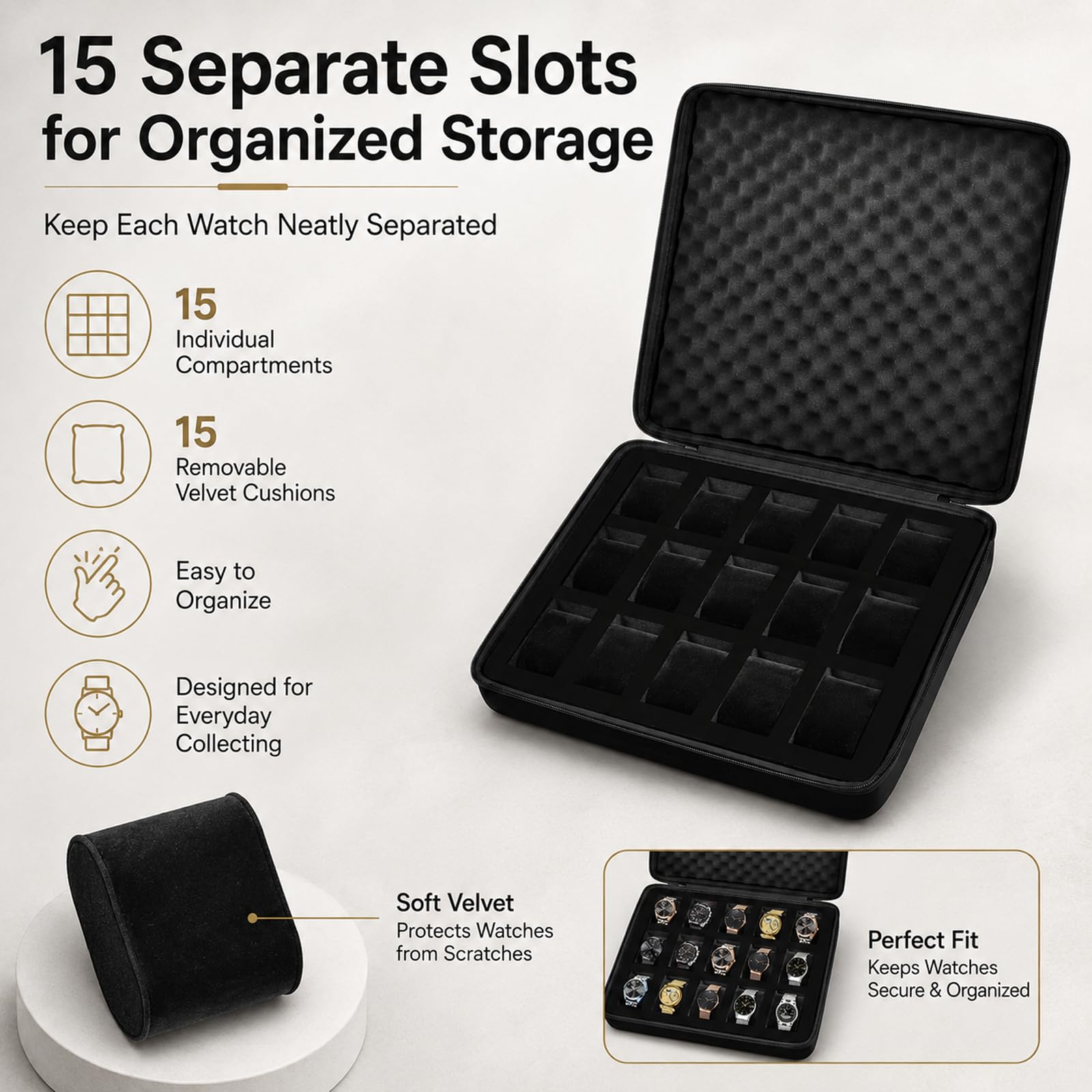 Comecase 15 Slot Watch Travel Case for Men Women, Portable Watch Organizer view 2