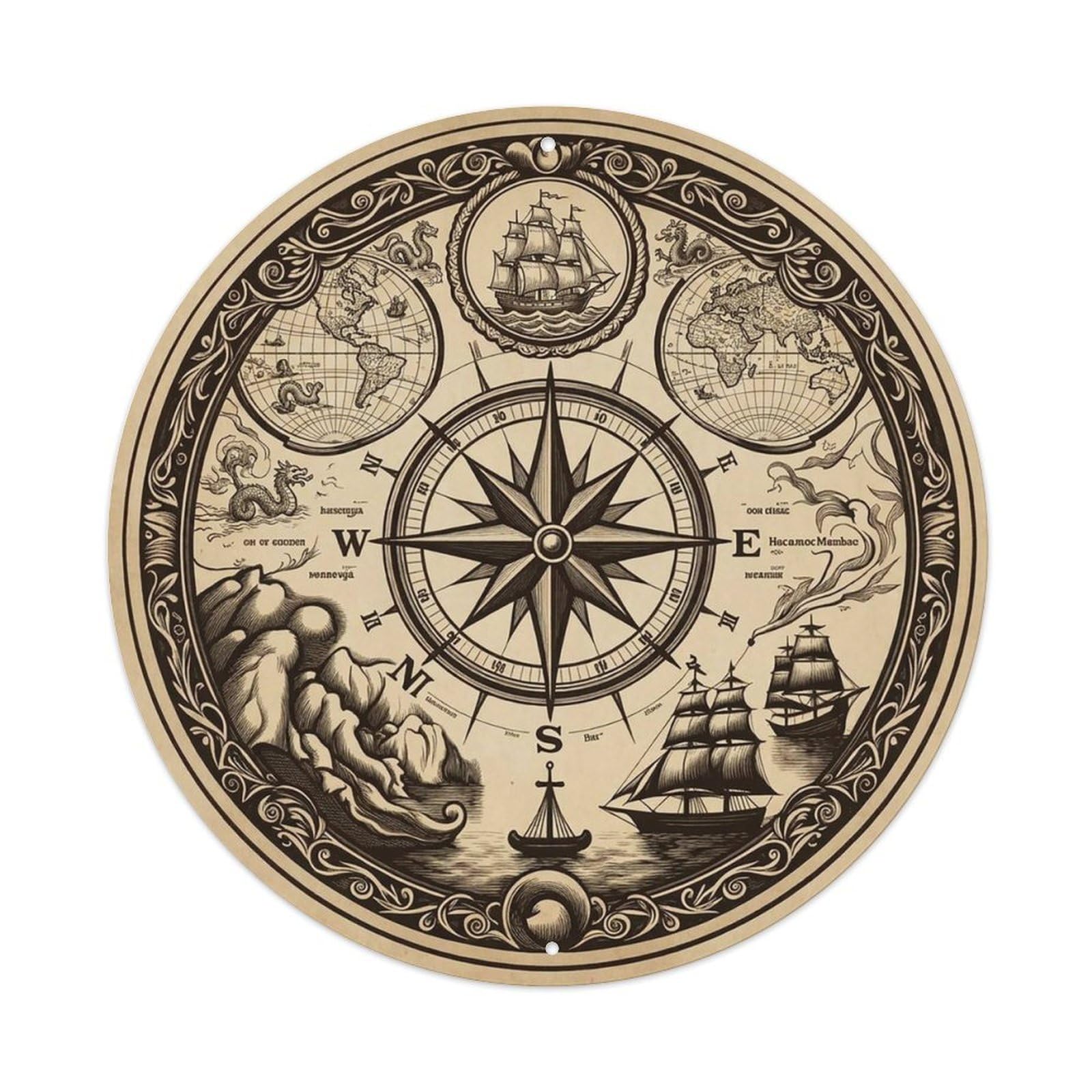 Vintage Nautical Compass World Map Seabed Chronicle Metal Tin Sign