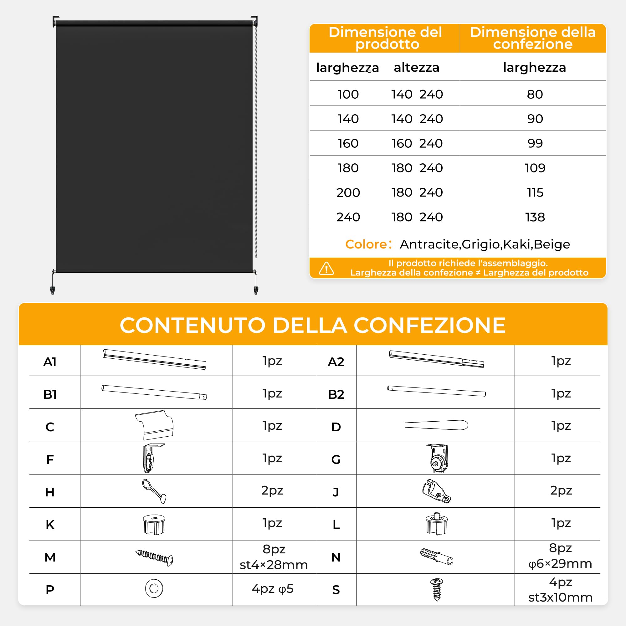 Tenda da sole per esterno Impermeabile 180x180cm Antracite