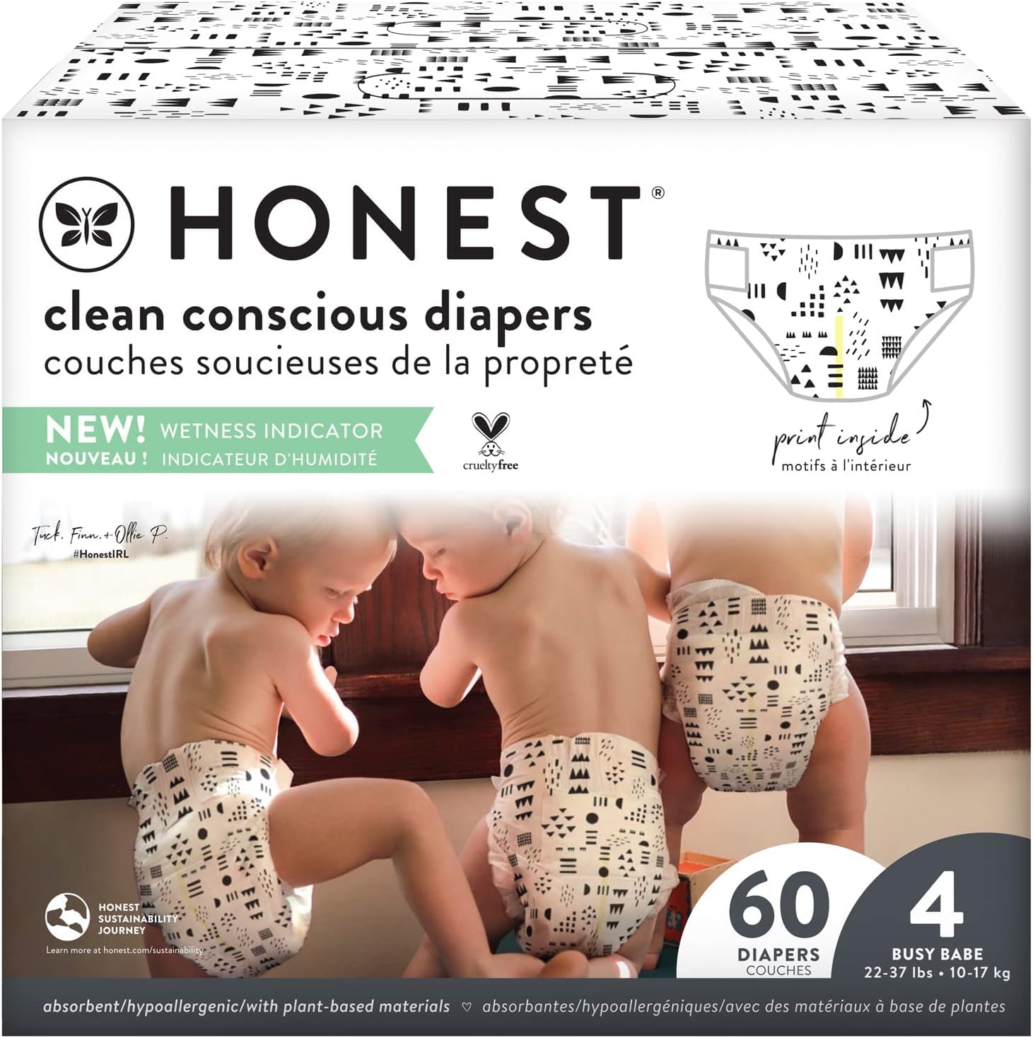 The Honest Company Clean Conscious Diapers | Plant-Based, Sustainable | Pattern Play | Club Box, Size 4 (22-37 lbs), 60 Count