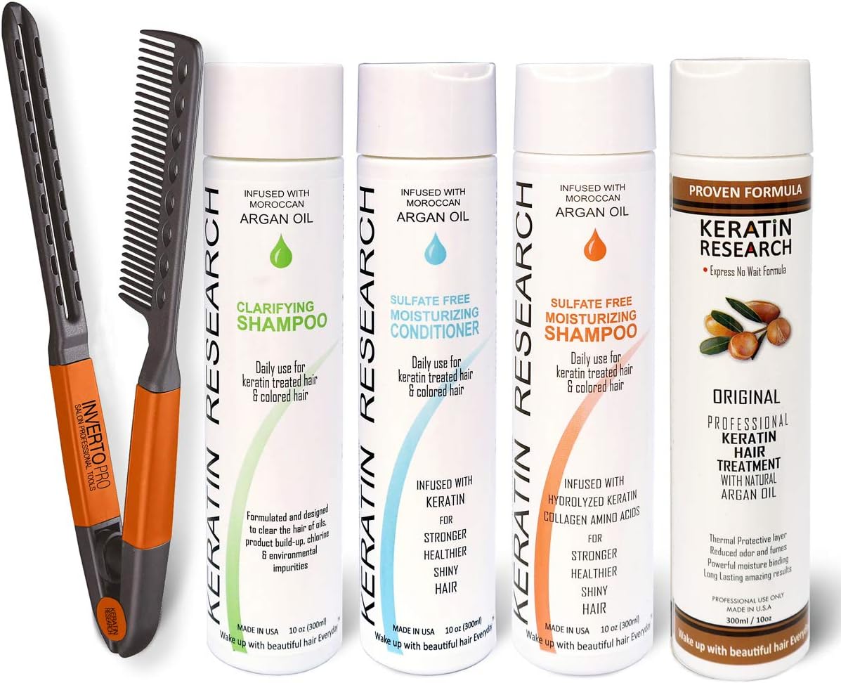 Tratamiento Brasilero Profesional de Keratina: Set de 4 Botellas de 300 ml con Champú, Acondicionador Libre de Sulfatos y Peinilla por Keratin Research. Alisa y Suaviza el Cabello