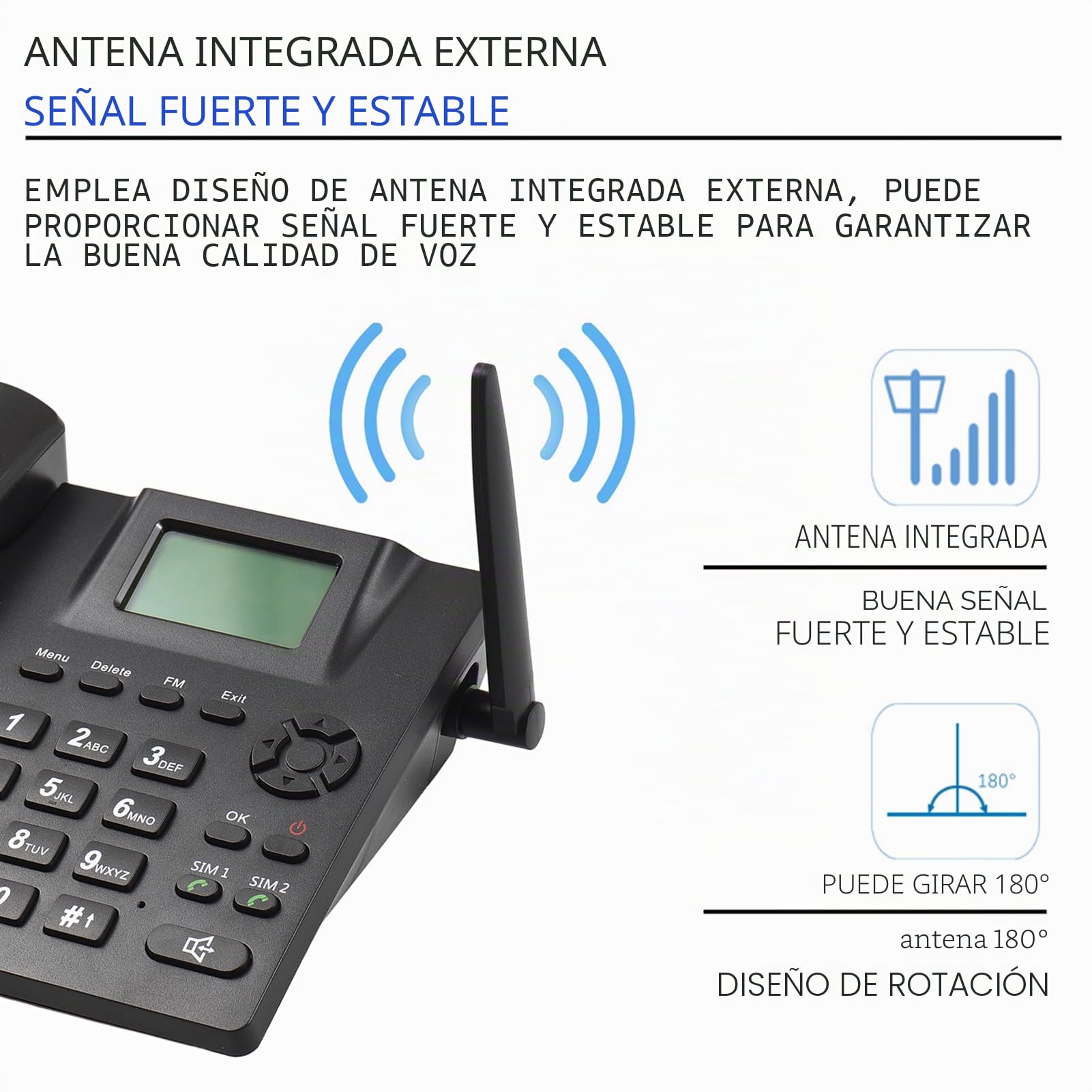 Teléfono fijo inalámbrico GSM 850/900/1800/1900MHz doble tarjeta SIM 2G con antena despertador y función de grabación SMS en 6 idiomas