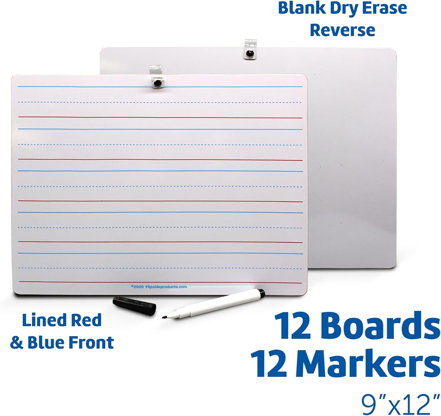 Flipside Products 9" x 12" Two Sided Dry Erase Red & Blue Ruled with attached marker, Learn To Write, Lined For Writing Practice, Pack of 12
