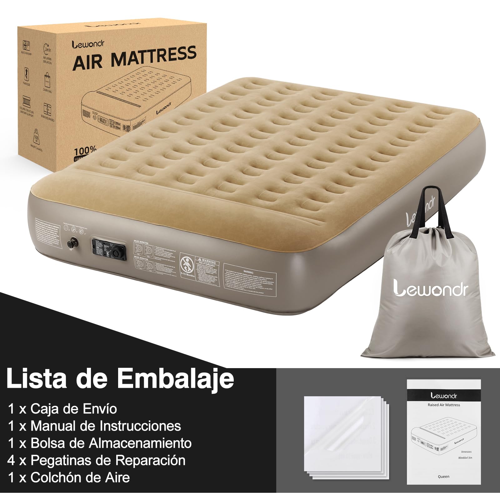 Colchón Hinchable Matrimonio con Bomba Integrada 203x152x33CM Almohada 250kg Khaki
