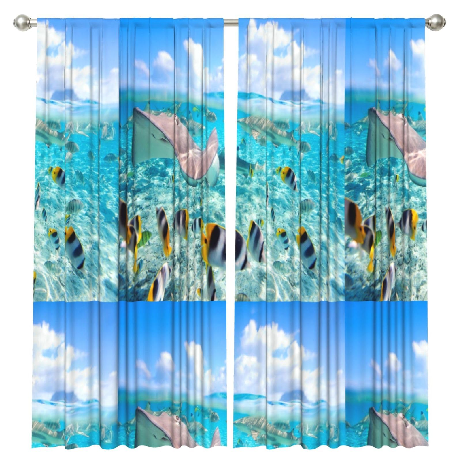 InOmak Colorful Fishes Printing, 2 Panels Window Curtains 52 x 84 Inch Blackout Curtains for Living Room Bedroom