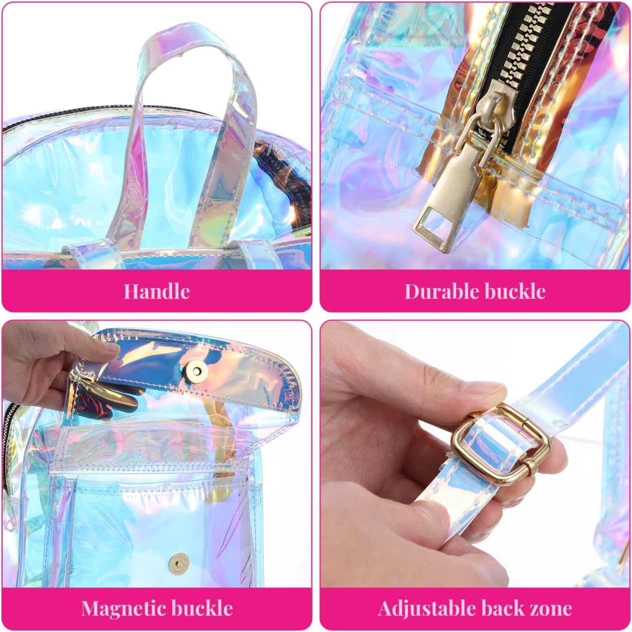 Iridescent Laser Backpack for Women Girls Small Travel Daypack Holographic Student School Bookbag with Makeup Bag Casual Everyday Carry - Image 3