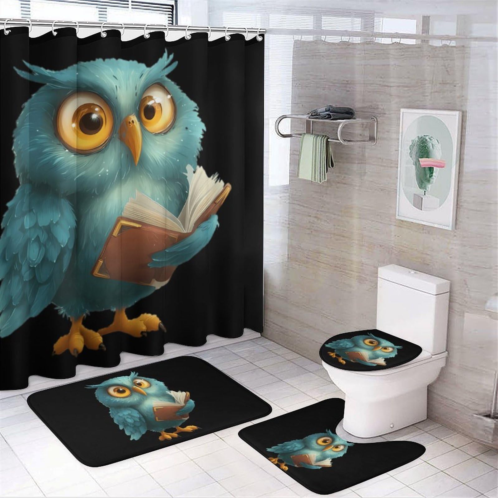 CGSBNGHA Reading Owl Shower Curtain Set 4 Piece Bathroom Sets with Rugs Toilet Lid Cover And U-Shaped Floor Mat
