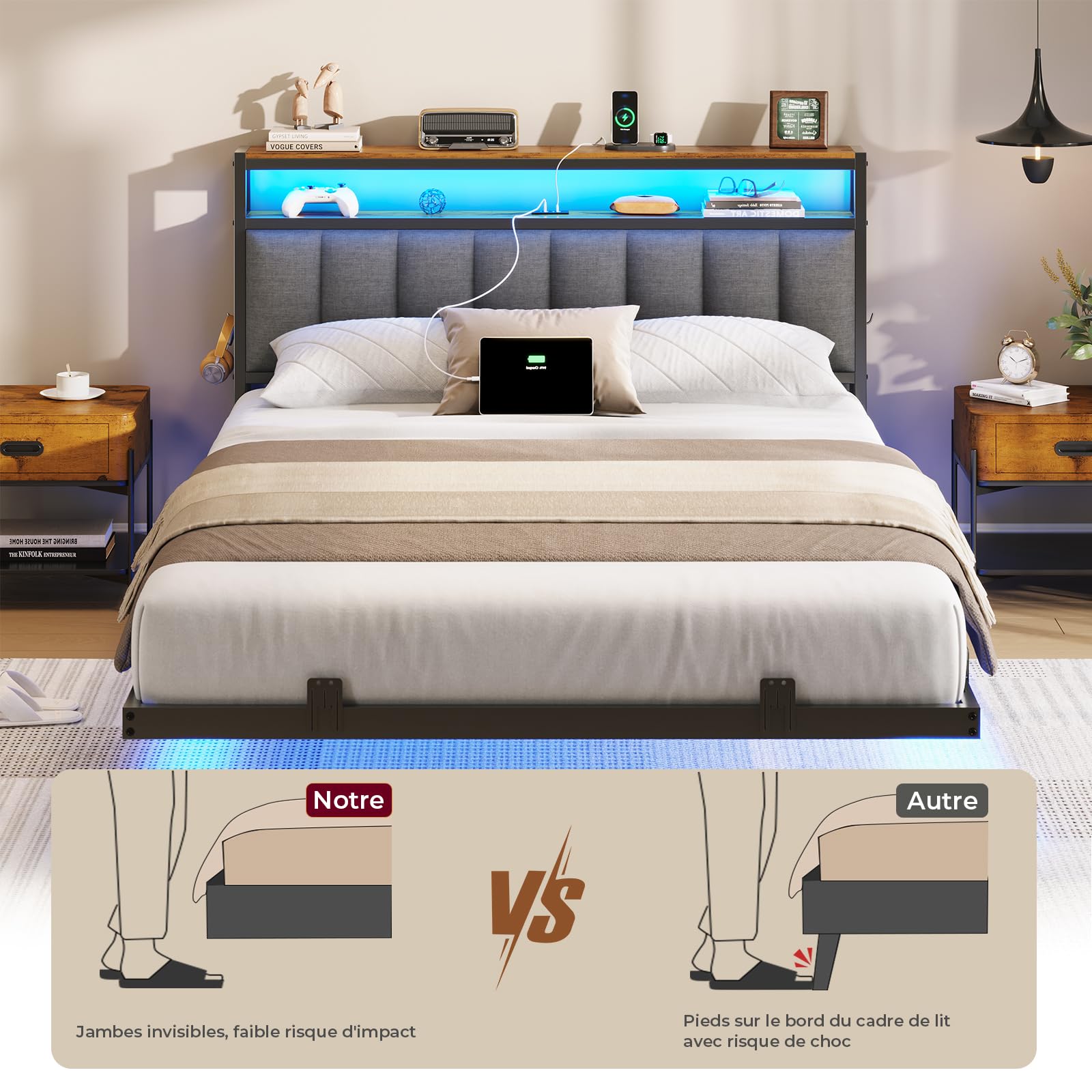 AOGLLATI Cadre de Lit 140x190 avec Multiprise et Éclairage LED, Lit 2 Personnes Flottant avec Tête de Lit Rangement, Sommier en Métal, Structure Stable, Lin Gris Foncé(sans Matelas)
