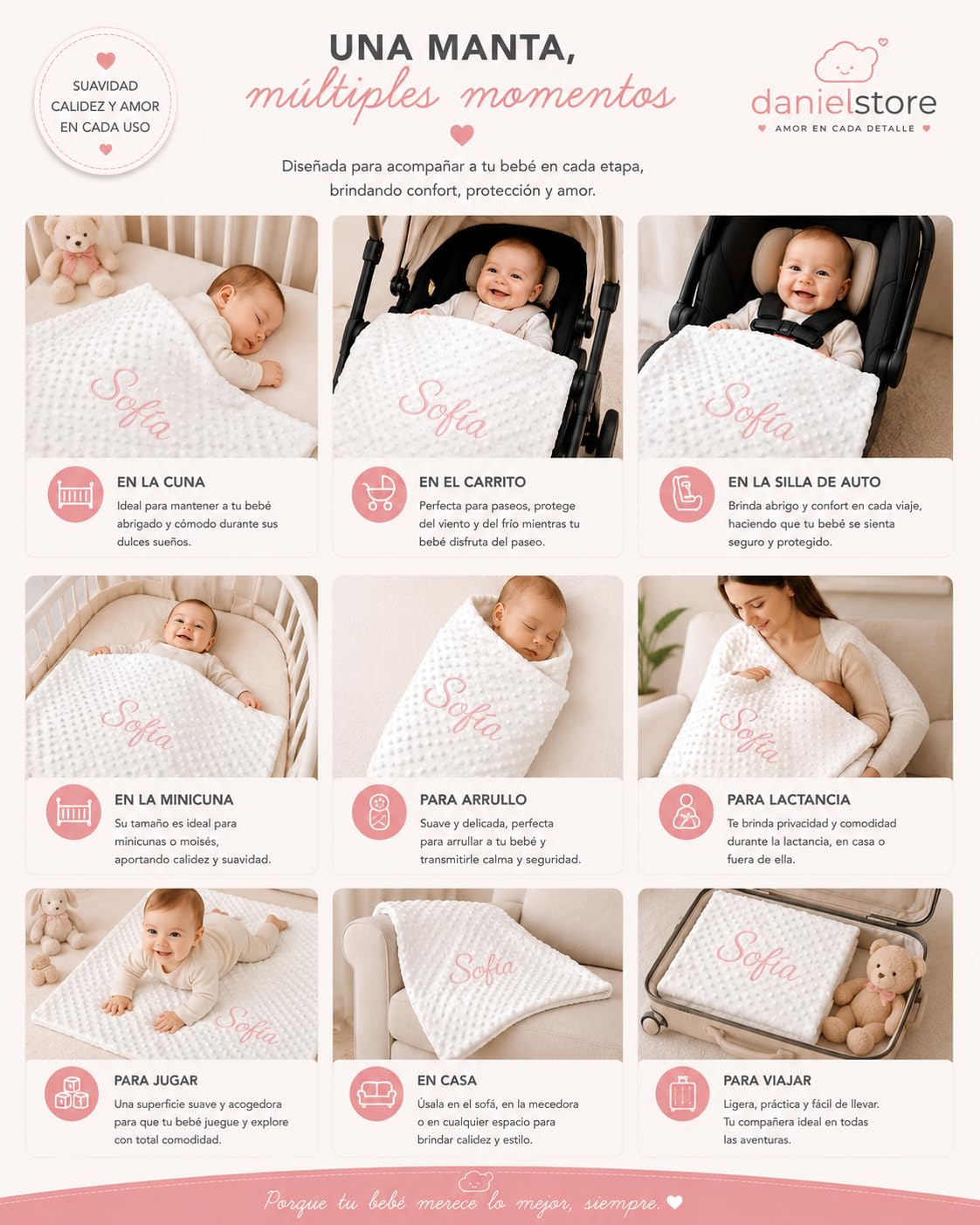 Danielstore Manta Bebe Personalizada con Nombre Bordado Manta Envolvente para Bebés Suave y Confortable para Todas Las Estaciones del Año 0,80 x 1,10 m
