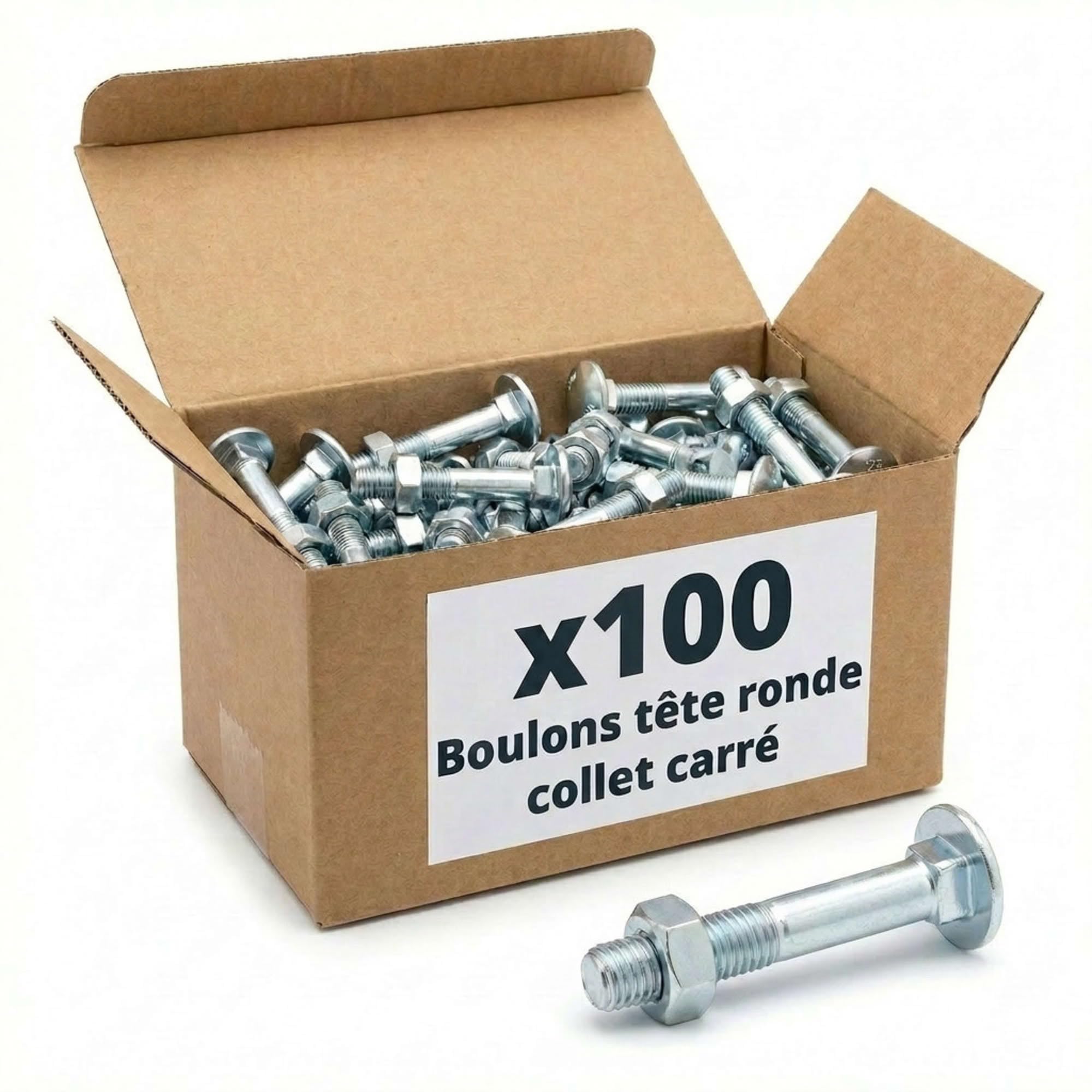 100 Boulons tête ronde collet carré DIN603/555 acier zingués blanc diamètre 7,0 mm - Longueur 70 mm mm - Diamètre 7 mm