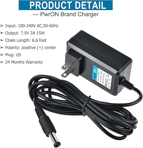 Miniatura 2 de PwrON (cable de 6.6 pies) 7.5V 2A AC DC Adaptador compatible con adaptador de corriente continua de 400 mA 500 mA 800 mA 1000 mA Fuente de