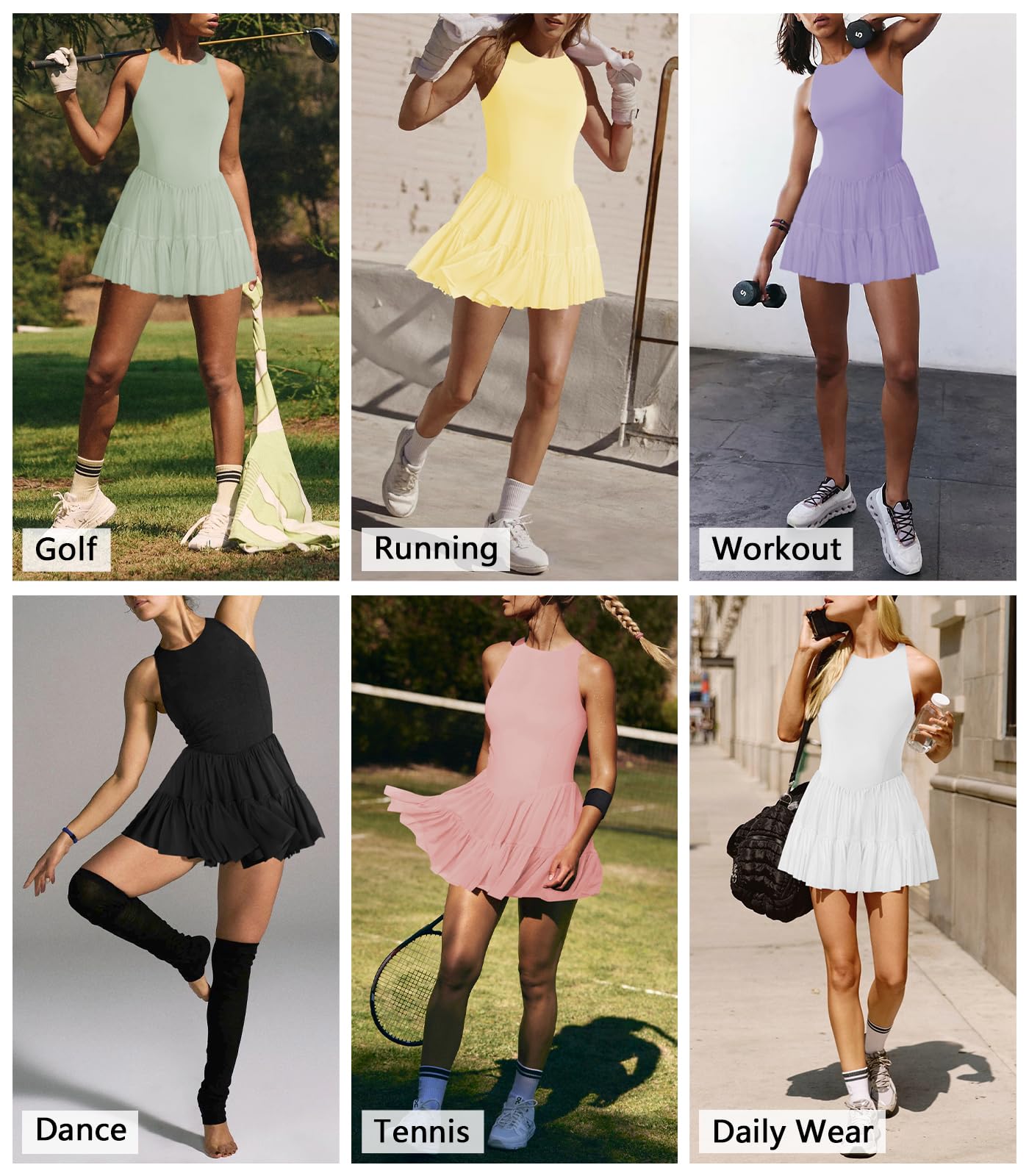 Hragc Damen-Tenniskleid, fließend, plissiert, Rüschen, athletisches Kleid für Damen, Sommer, U-Boot-Ausschnitt, ärmellos, Mini-Golfkleid, Shorts, Taschen