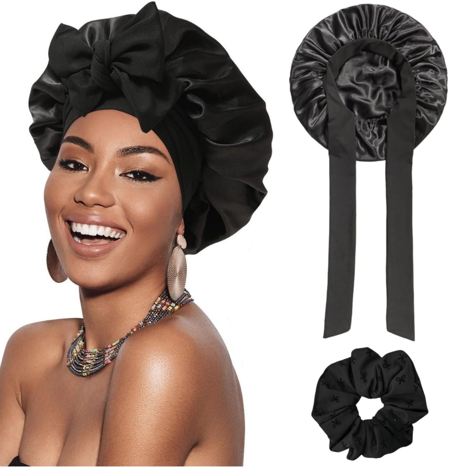 ANGELEMM Silk Hair Bonnet for Sleeping, Black Satin Bonnet for Curly Hair Soft Breathable Satin Sleep 𝙎𝙞𝙡𝙠 𝘽𝙤𝙣𝙣𝙚𝙩 with Tie