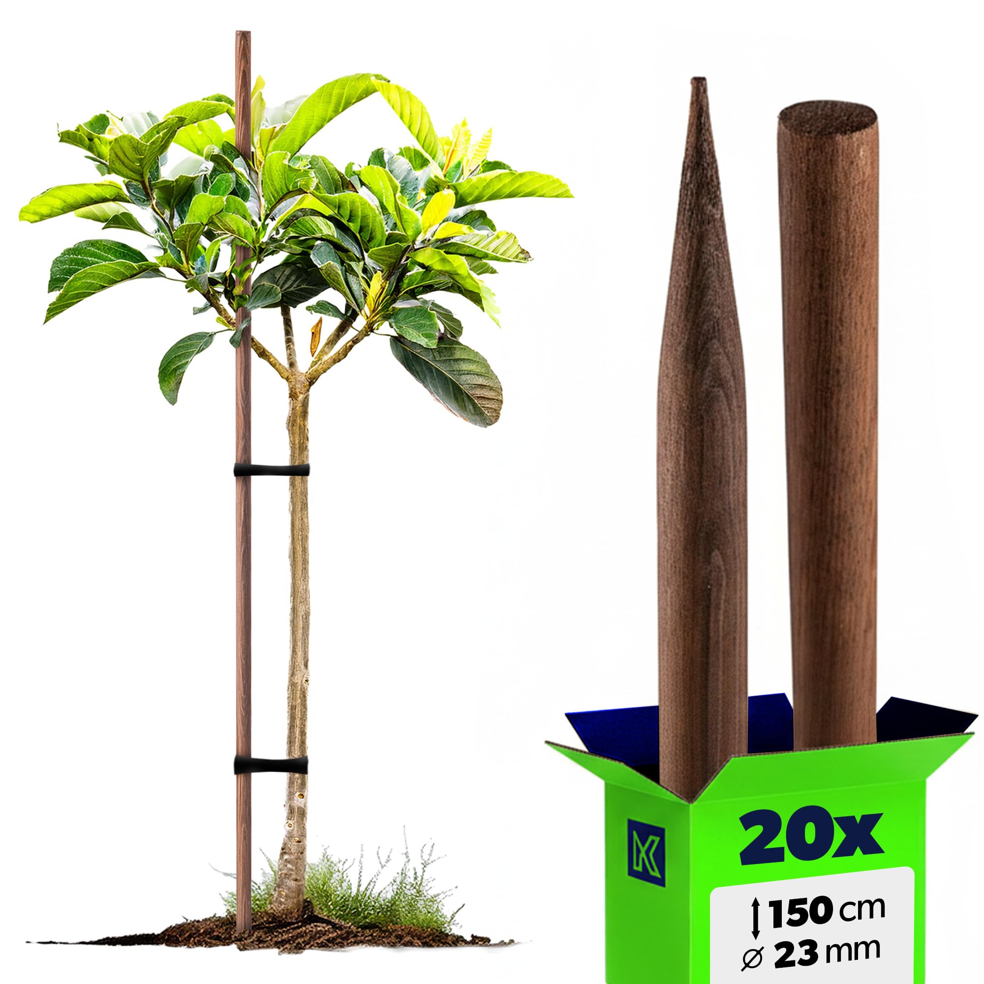 KADAX Varillas de madera de 150 cm x 23 mm, juego de 20 varillas de madera impregnada, estacas de madera como ayuda para plantas, árboles, tomates y arbustos, varillas de tomate