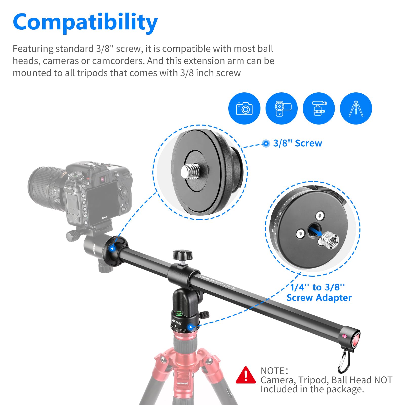 NEEWER Braccio freccia per treppiede, 50 cm colonna centrale orizzontale girevole a 360 ° in lega di alluminio per fotografia aerea, presa di vista macro e basso angolo, carico fino a 10 kg