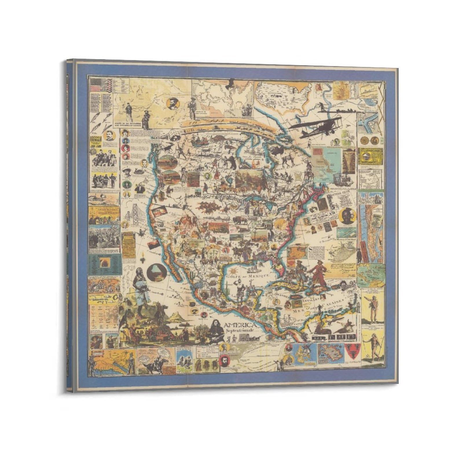 OKAHYS Vintage Travel Poster 1986 North American Illustration Map Decorative Painting Canvas Wall Artworks Picture 28x28inch(70x70cm)