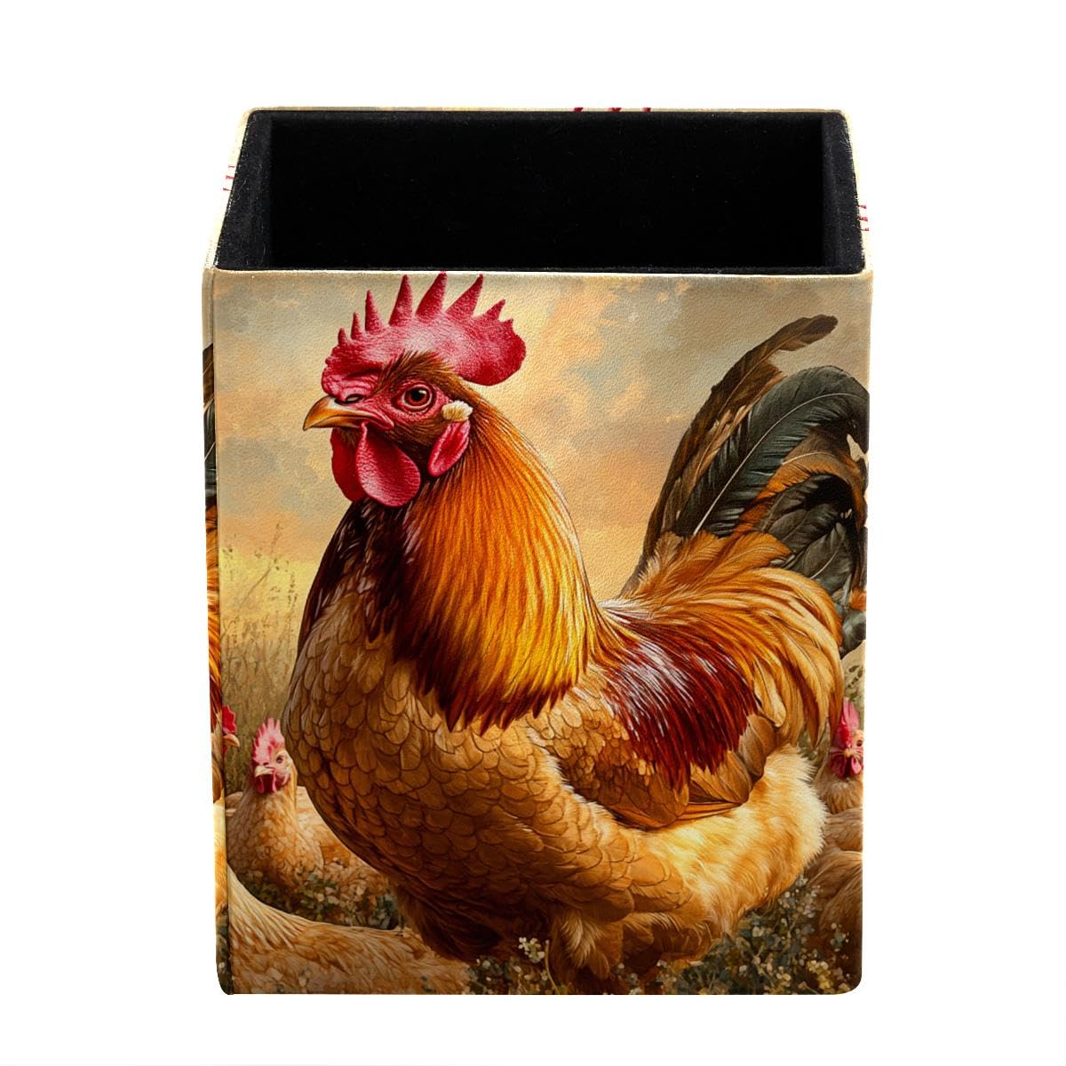 HEOEH Rooster Chicken Pen Holder Pen Pot, Square Pencil Cup for Desk