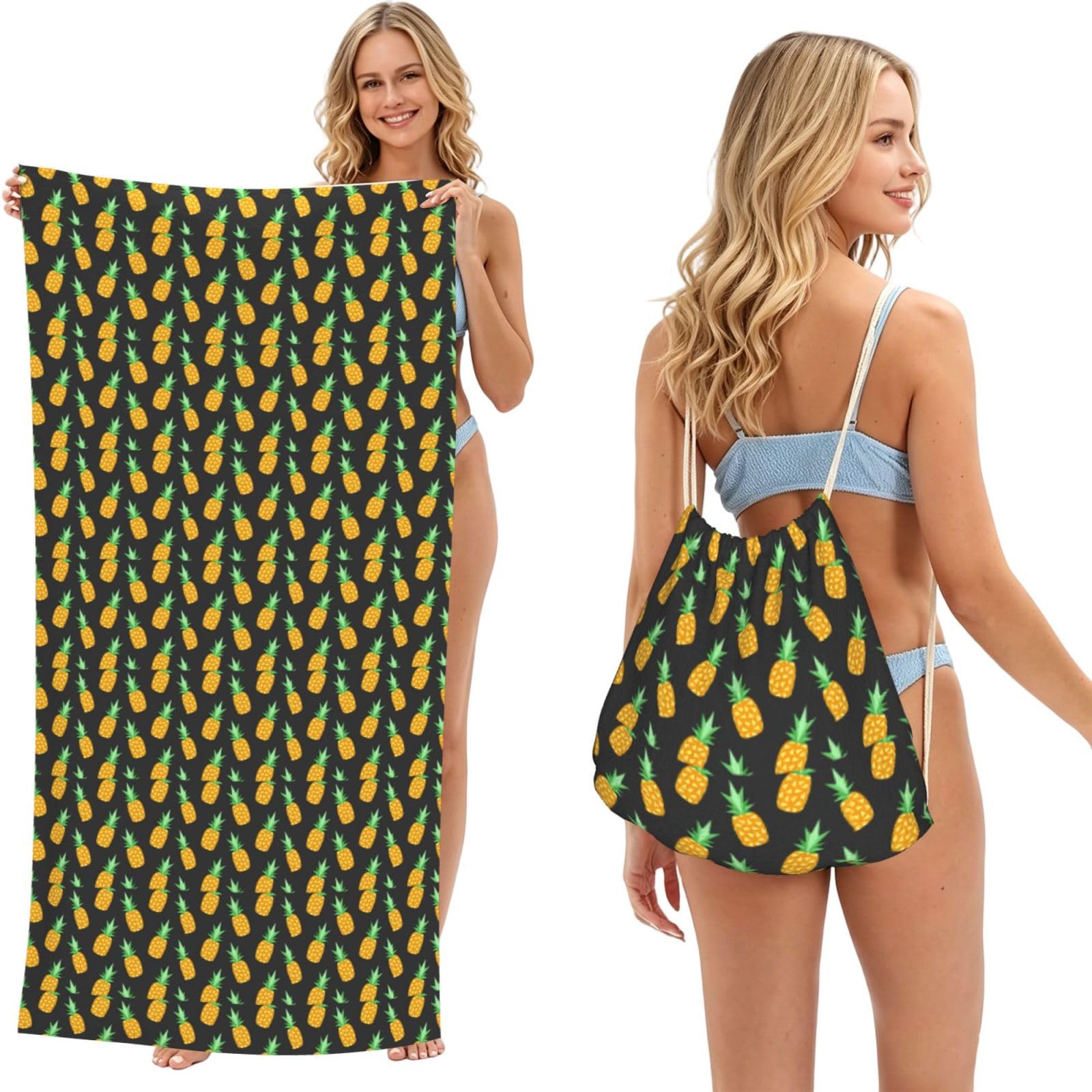 LMNvbz Pineapple. Print 2 In 1 Packable Beach Towel Bag, Quick Dry Backpack Microfiber Mat For Camping, Travel, Vacation, Cruise, And Picnic