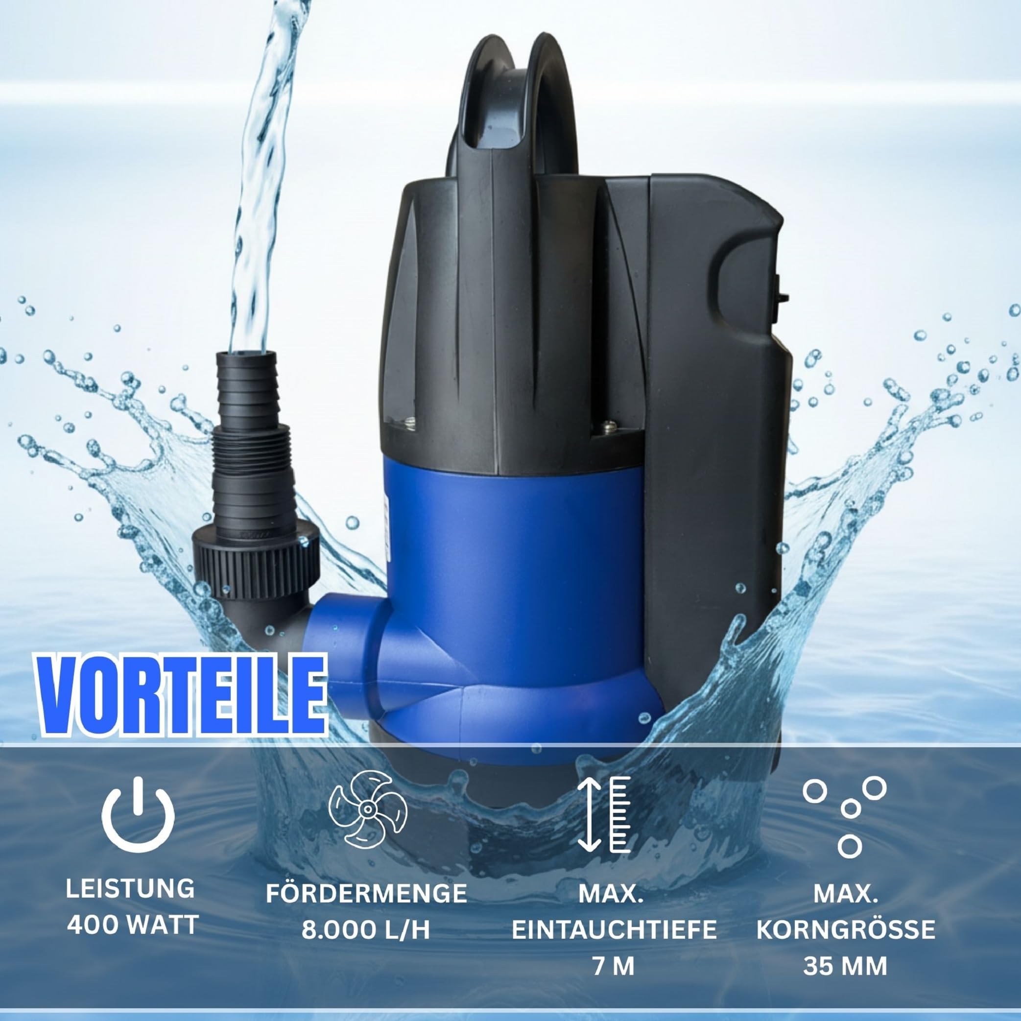 Schmutzwasserpumpe Tauchpumpe 400 Watt, 8000 L/h 0,5 Bar Druck >>5m Förderhöhe integrierter Schwimmerschalter für Automatik und Manuellen Betrieb