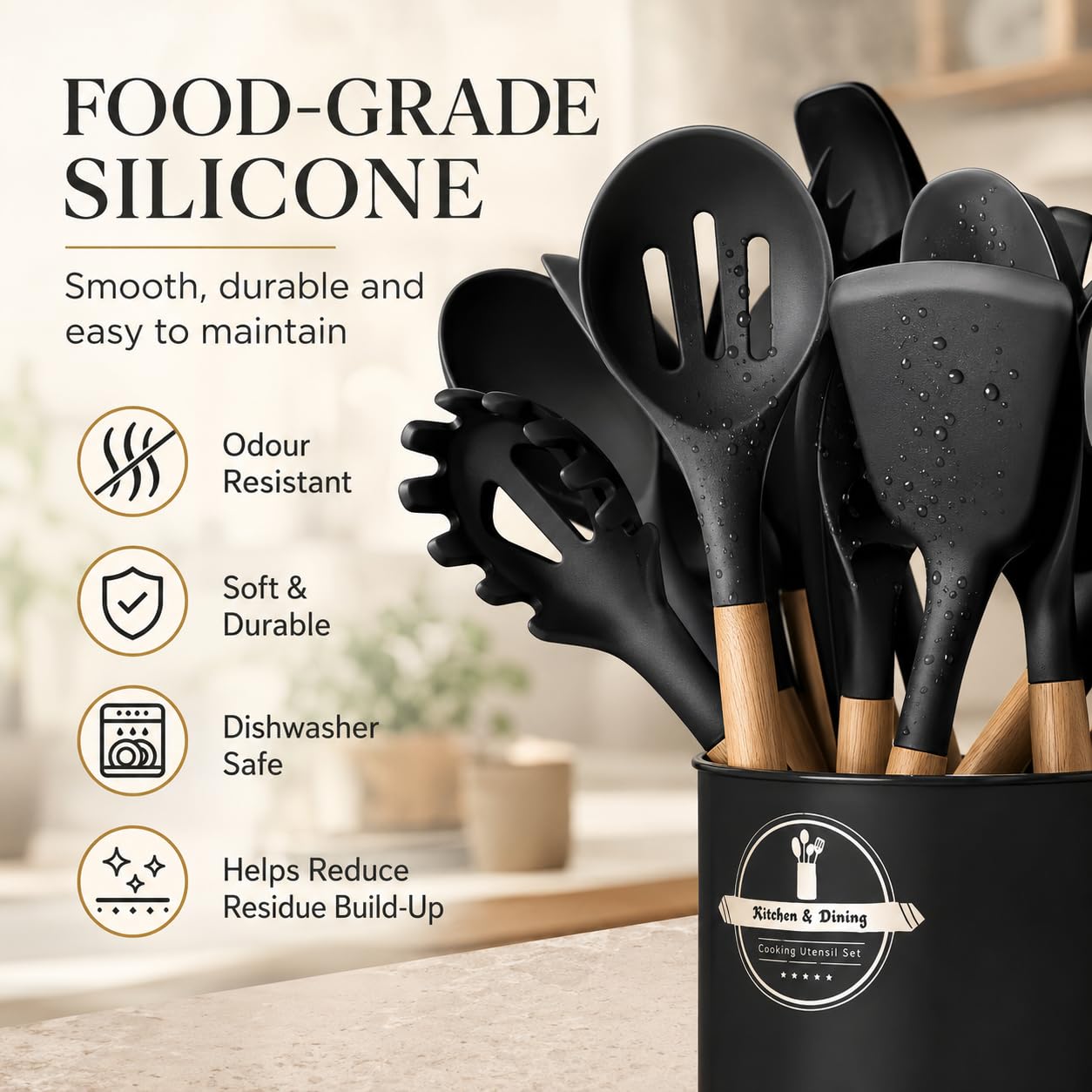 32/44 Küchenhelfer-Set aus lebensmittelechtem Silikon mit Halter, Koch- und Backutensilien, Messbechern und Löffeln, hitzebeständig bis 220 °C, spülmaschinenfest, antihaftbeschichtet