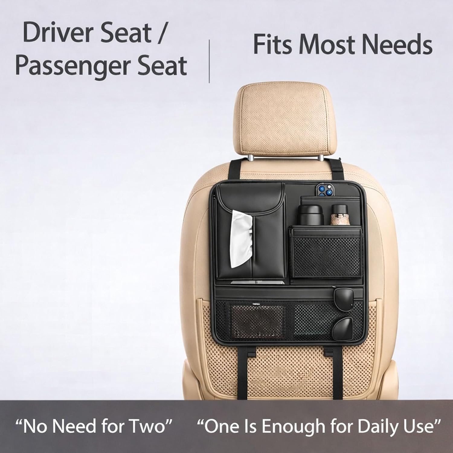 Car Seat Back Organizer with 5 Pockets, Backseat Storage Organizer for Travel, Water-Resistant, Easy Install, Keeps Car Tidy