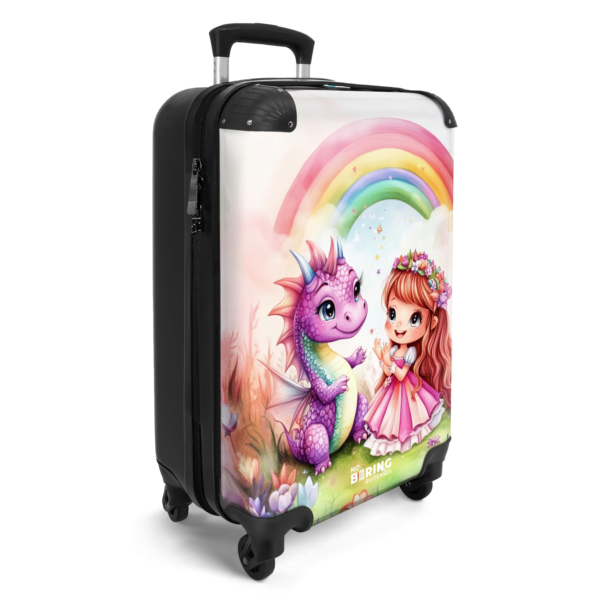 NoBoringSuitcases.com® Handgepäck Koffer Kinder 55x35x20 cm Reisekoffer Kinderkoffer 4 Rollen Leicht Cabin Trolley Hartschalenkoffer für Jugendliche Drache - Mädchen - Lila - Regenbogen