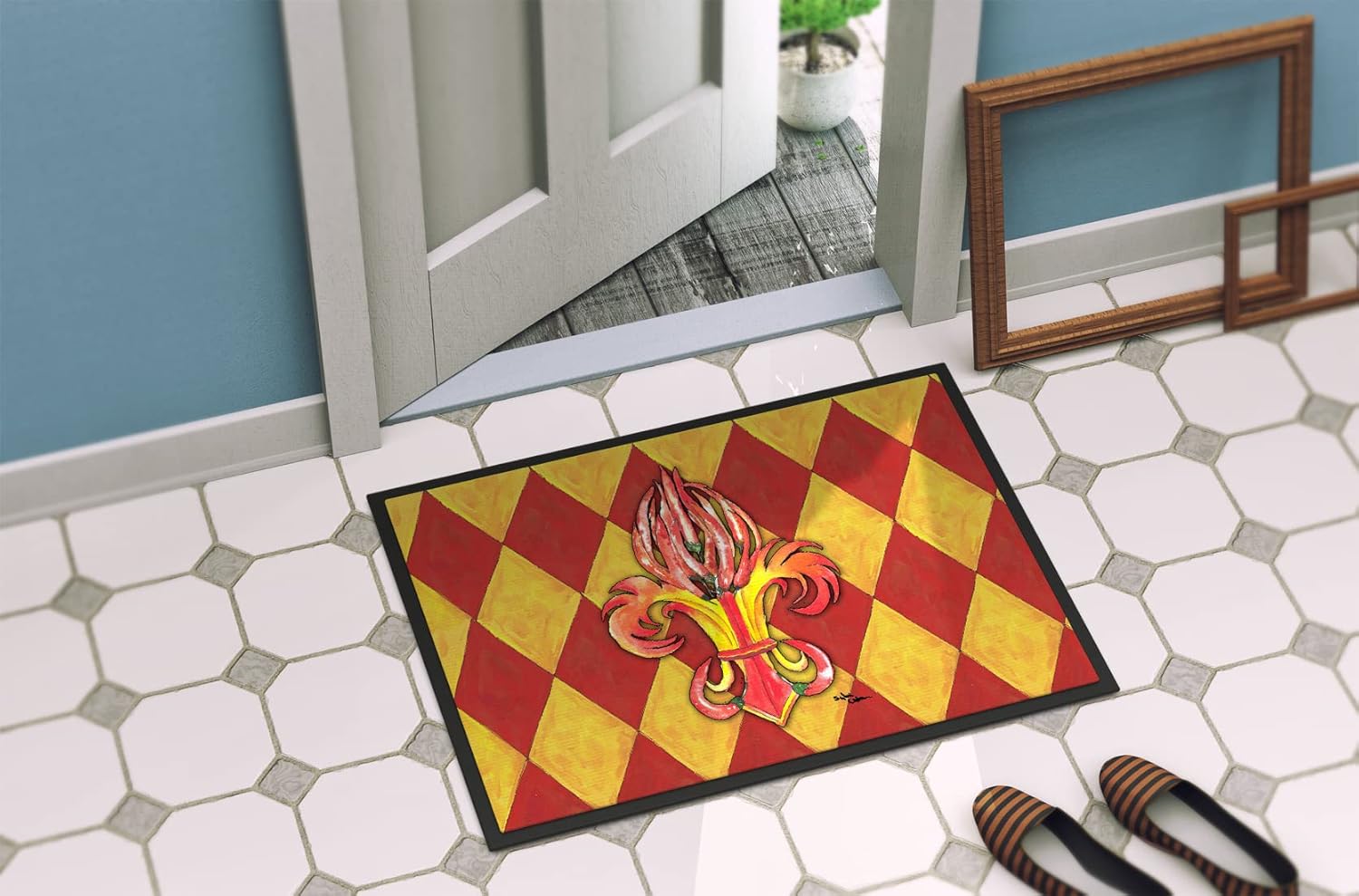 Caroline's Treasures 8499MAT Peppers Fleur de lis Doormat 18x27 Front Door Mat Indoor Outdoor Rugs for Entryway, Non Slip Washable Low Pile, 18H X 27W
