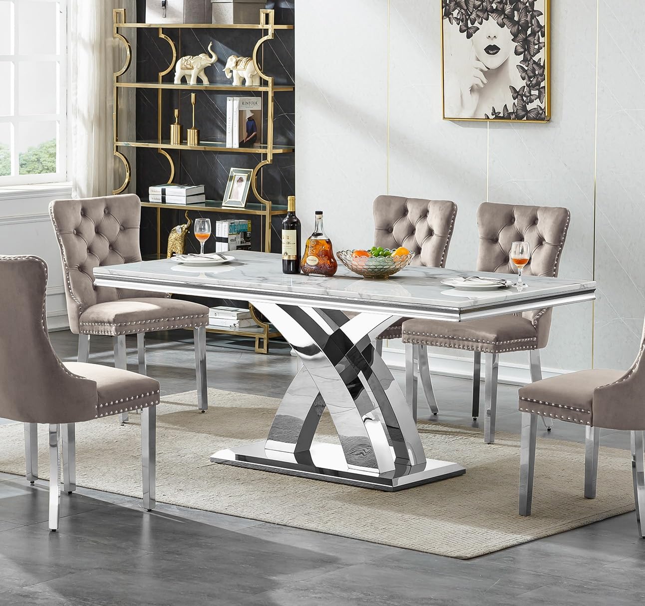 Henf 68in Faux Marble Dining Table for 4-6 People, Modern Rectangular Table with White Marble Top and Stainless Steel Base