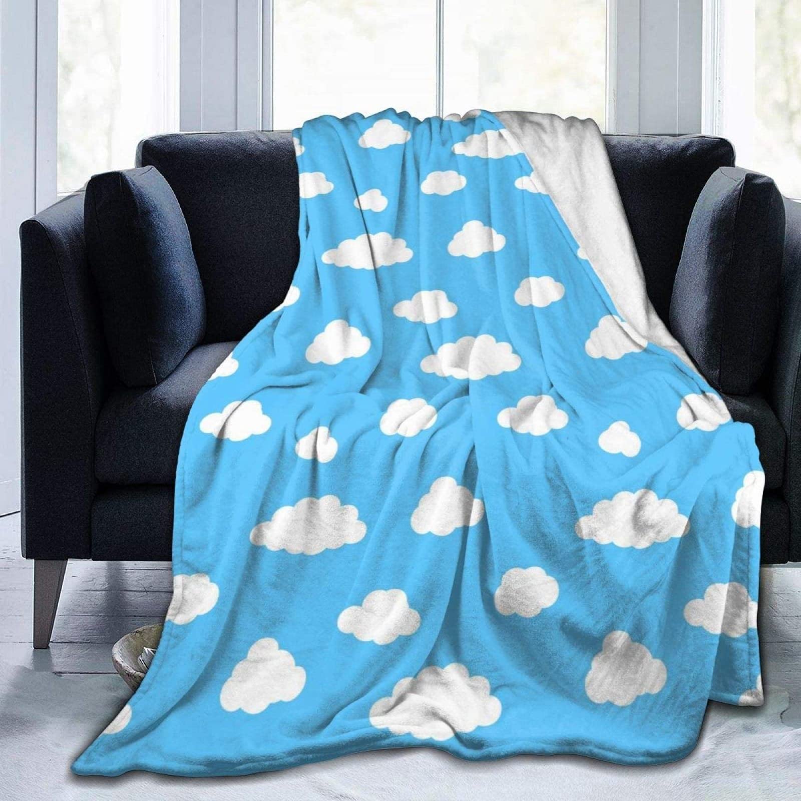 Couverture Polaire 180 x 220 cm Bleu, Plaid Polaire Nuages ​​Blancs Couverture 3D Imprimée Flanelle Blanket Literie 2 Personnes, Couvertures Doux et Chaude pour Canape Lit