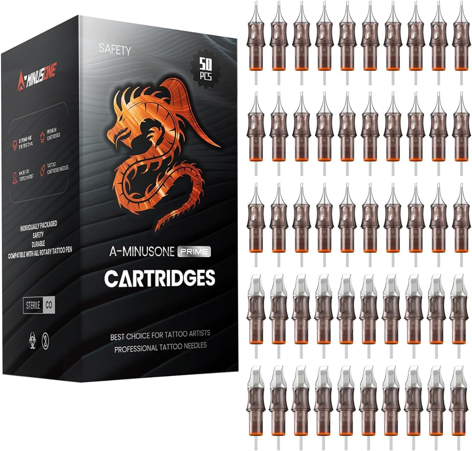 50 Assorted Tattoo Cartridge Needles Mixed Size #10 Bugpin Round Liner Shader Magnum - 5 Pcs each of 5RL, 7RL, 9RL, 11RL, 5RS, 9RS, 15M1, 21M1, 15RM, 21RM Pro Disposable Membrane Tattoo Needles