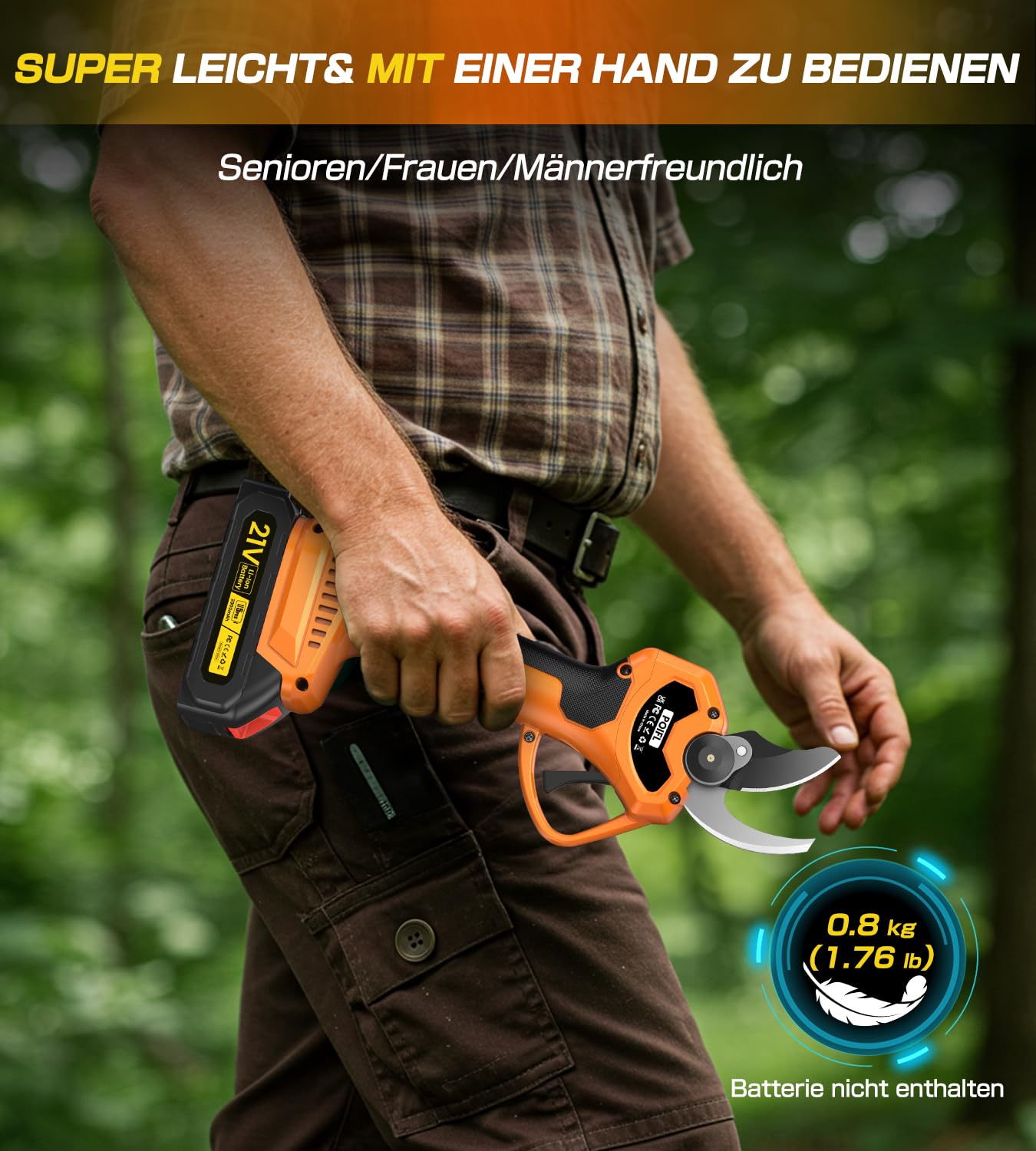 Akku Astschere,35 mm Elektrische Gartenschere für Makita mit LCD-Display&SK7 Klingen,1000W Bürstenloser Motor,Akku Gartenschere mit 2000 mAh * 2 Wiederaufladbaren Batterien für Gartenbaumscherenzweige