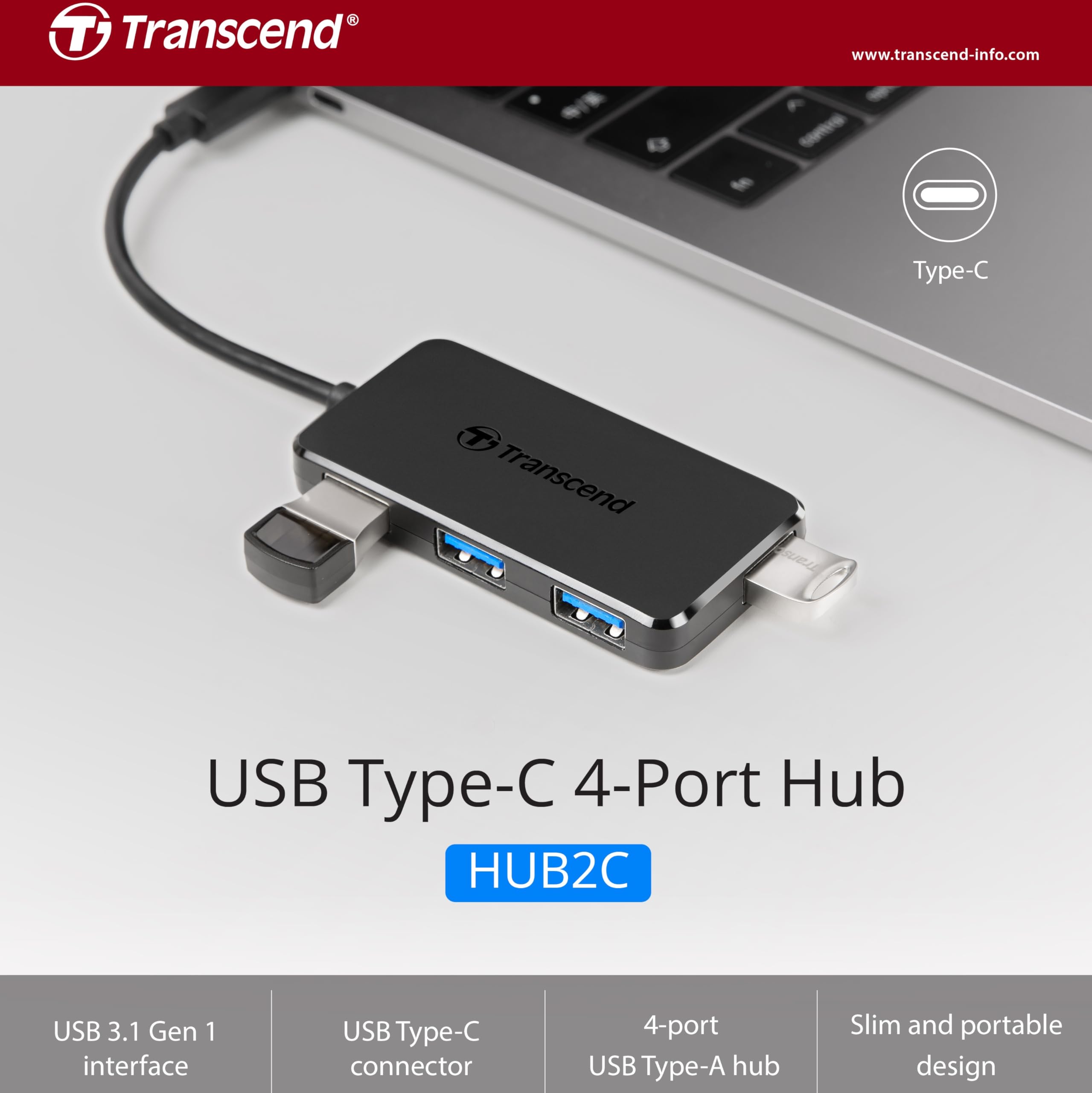 Transcend 4-Port Hub2C Superspeed USB 3.1 Gen 1 USB Type-C, 10X
